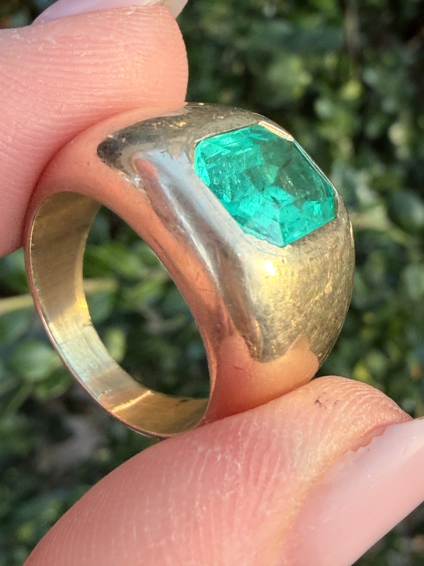 Vintage Flush Set Colombian Emerald Ring