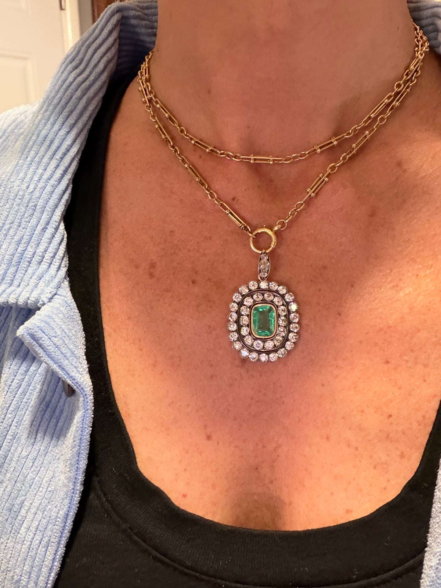 Victorian Emerald and Diamond Cluster Pendant