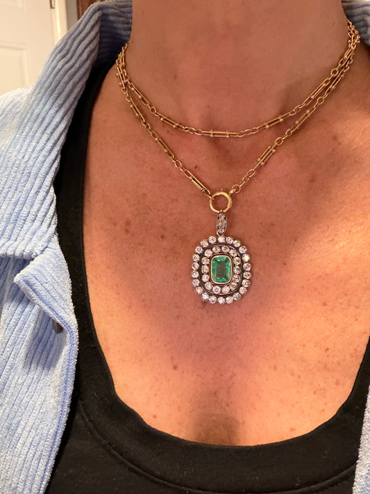 Victorian Emerald and Diamond Cluster Pendant