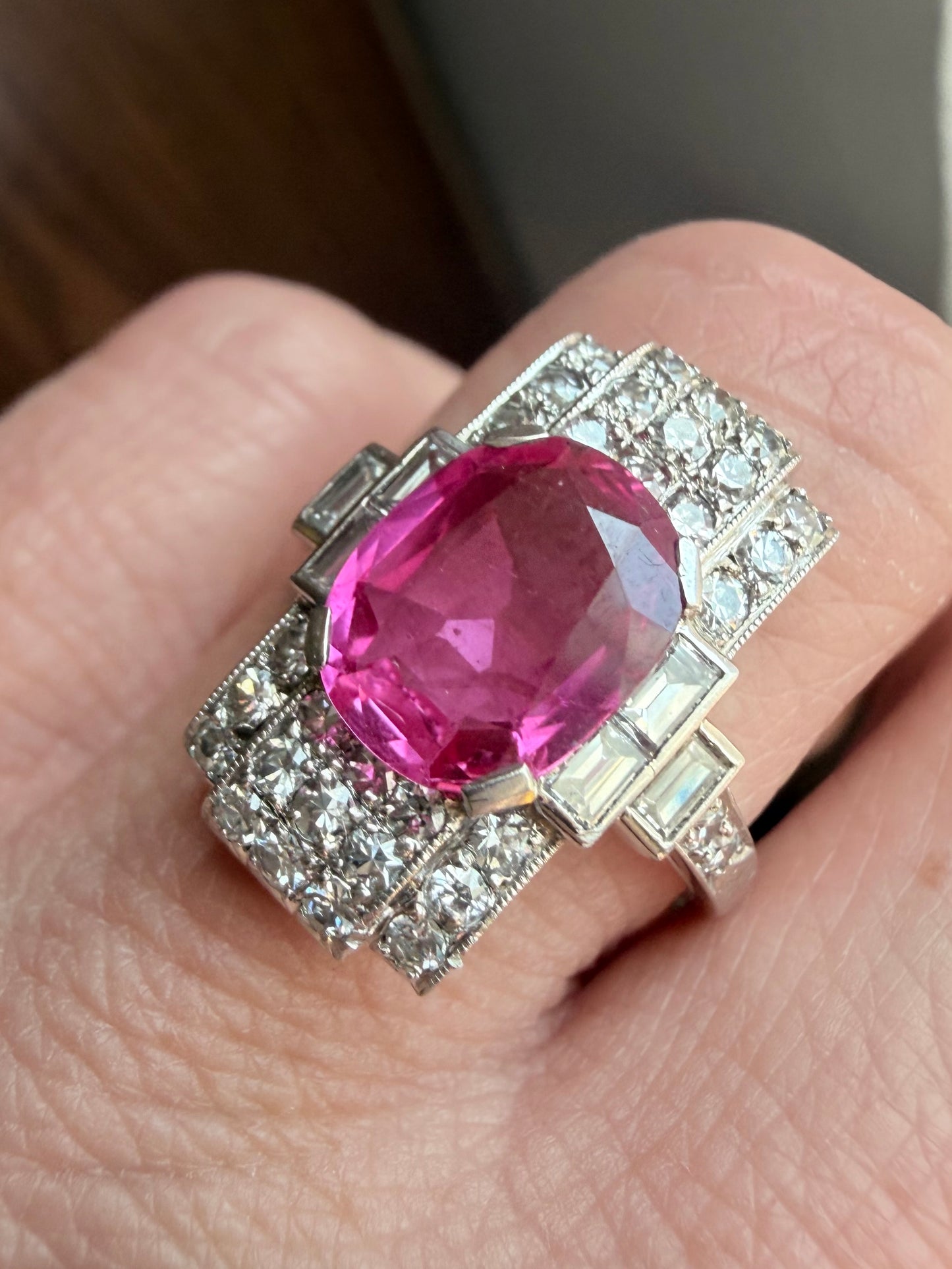 Art Deco Pink Sapphire and Diamond Ring