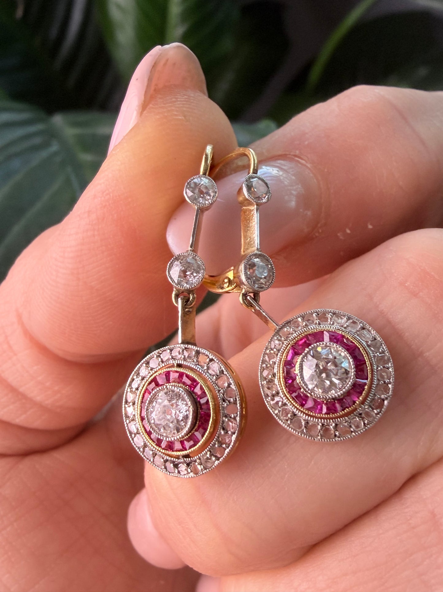 Art Deco Ruby and Diamond Target Drop Earrings