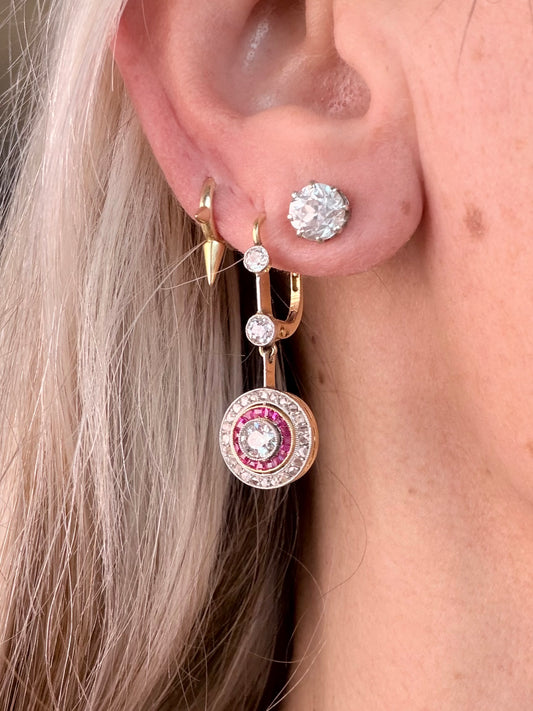 Art Deco Ruby and Diamond Target Drop Earrings
