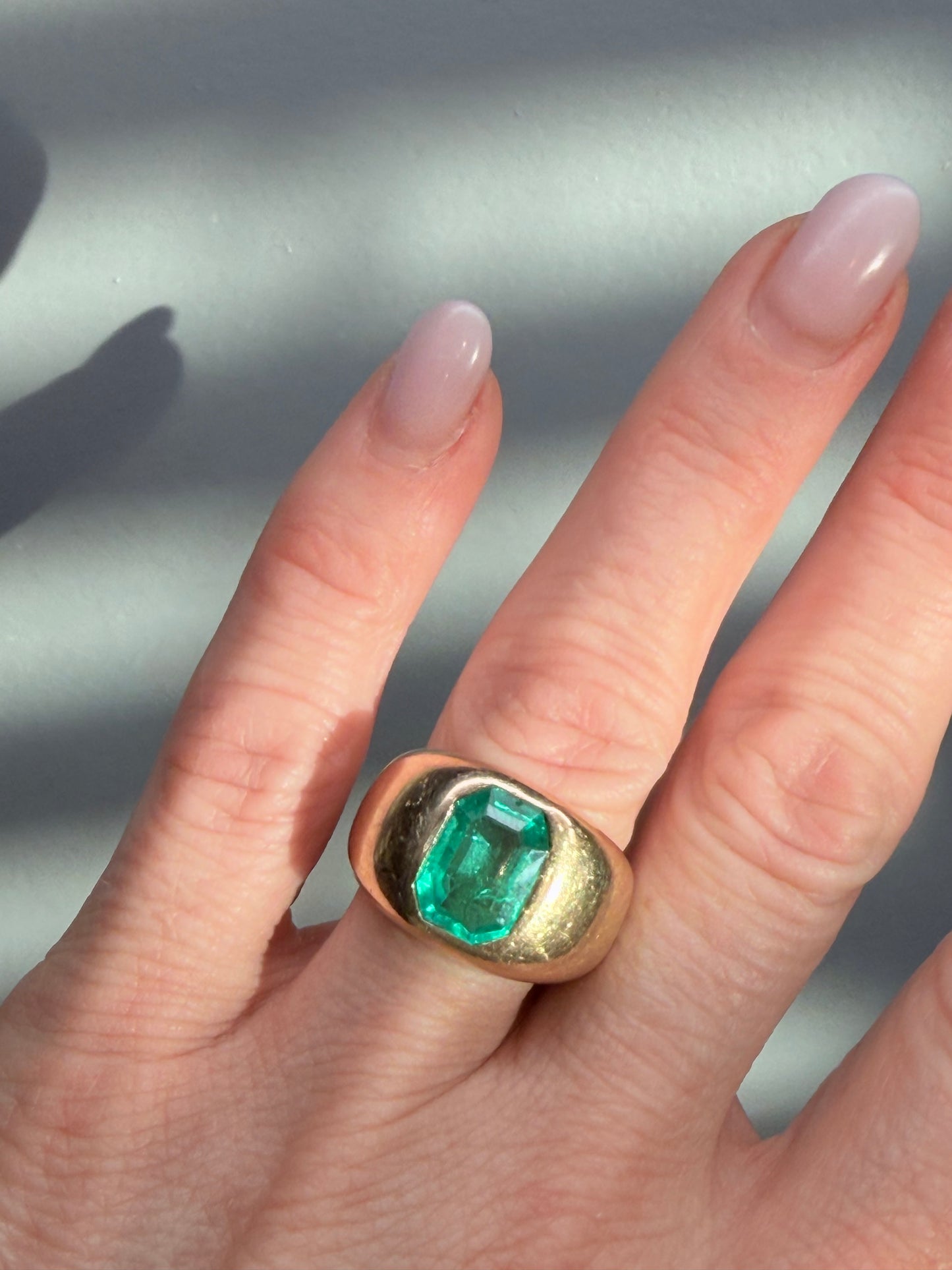 Vintage Flush Set Colombian Emerald Ring