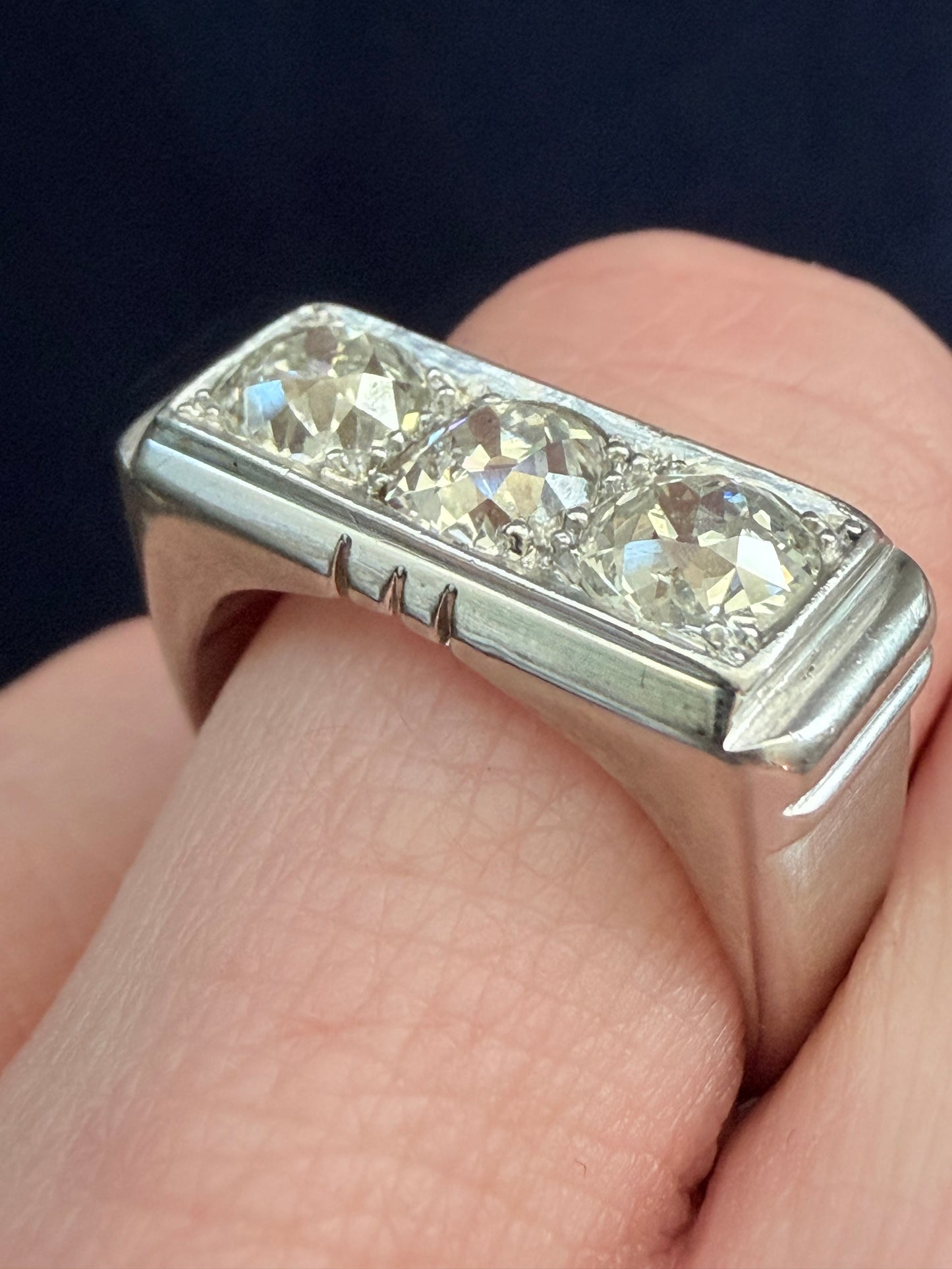 Three Stone Old Mine Cut Diamond Ring