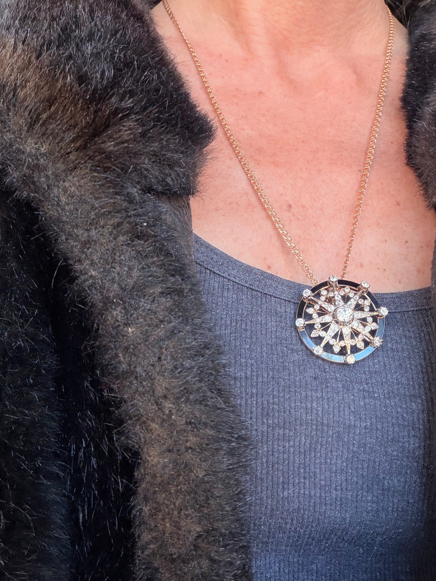 Victorian Diamond and Enamel Star Brooch Pendant