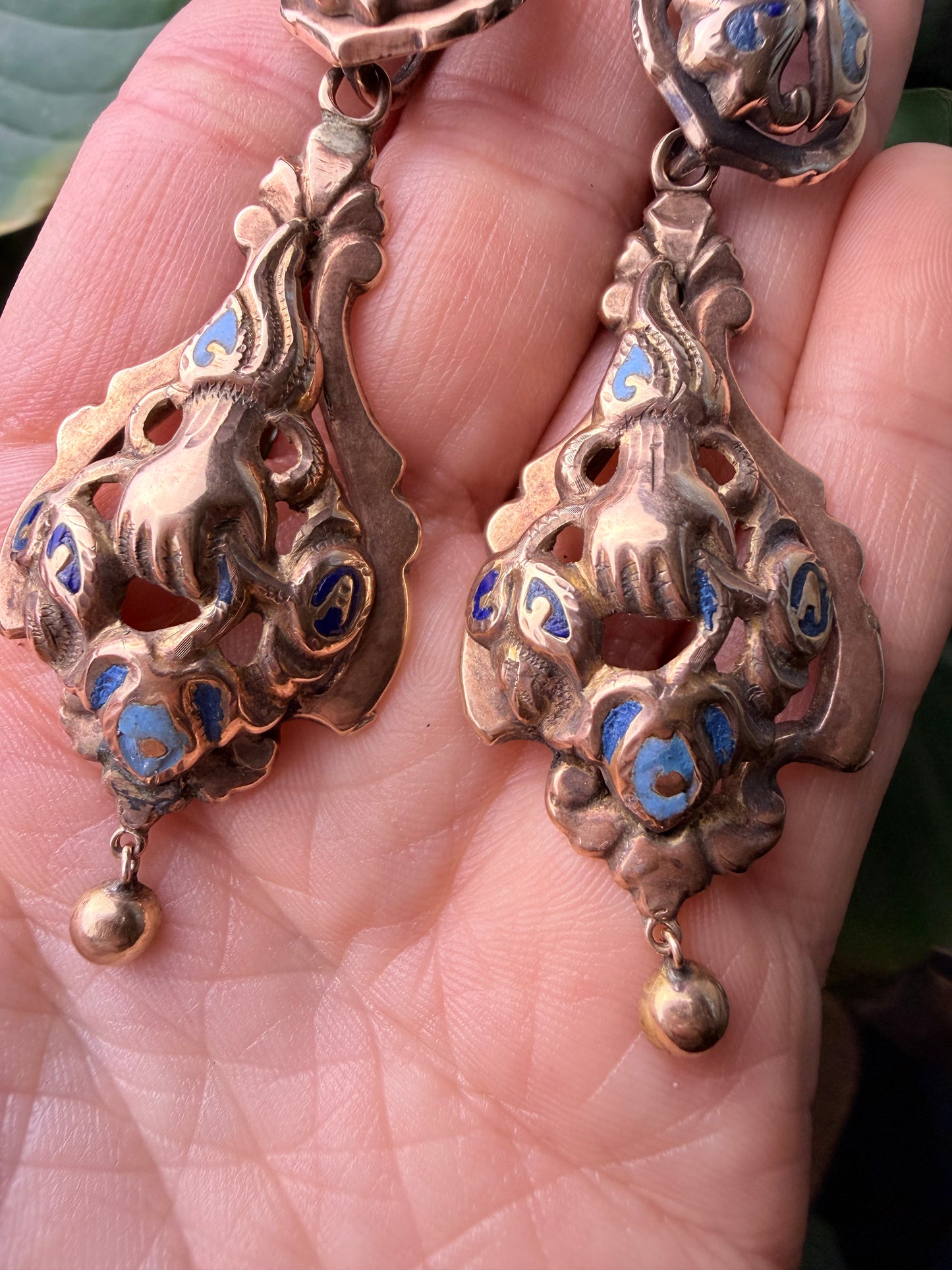 Georgian Day-Night Enamel Floral and Hand Earrings