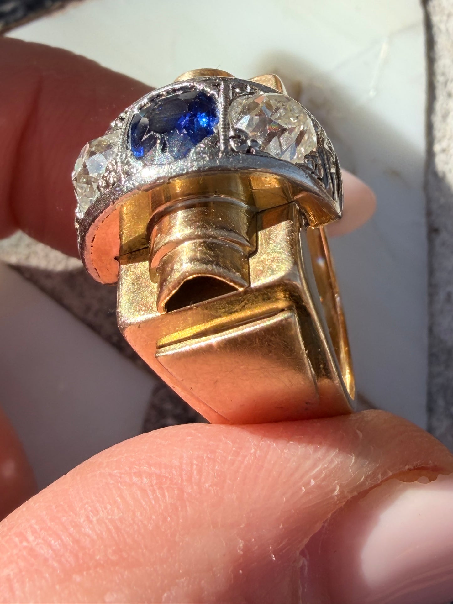 Retro Tank Sapphire and Diamond Ring