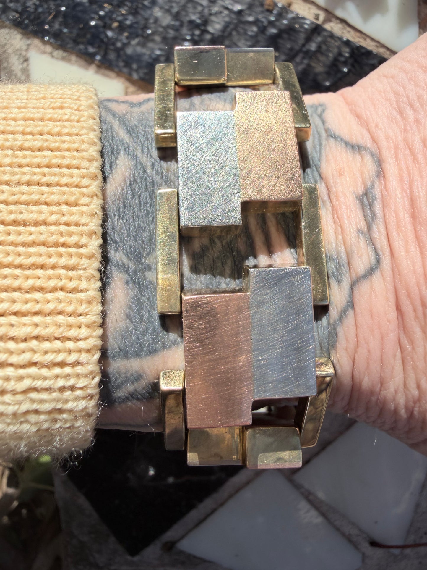 Vintage Three-Tone Gold Geometric Block Bracelet