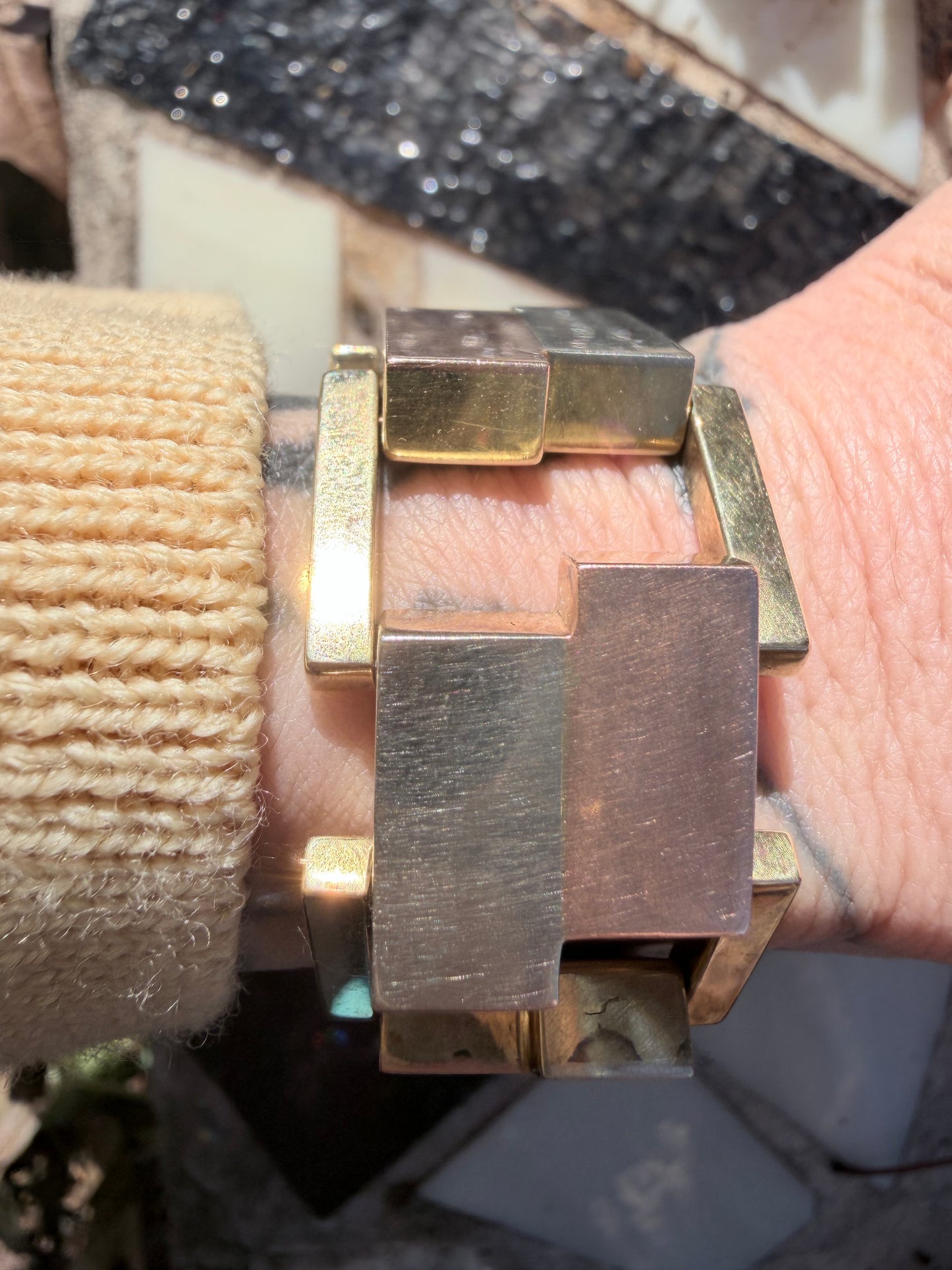 Vintage Three-Tone Gold Geometric Block Bracelet