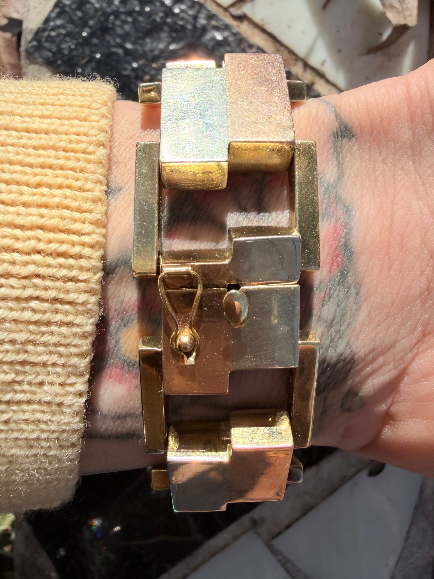Vintage Three-Tone Gold Geometric Block Bracelet