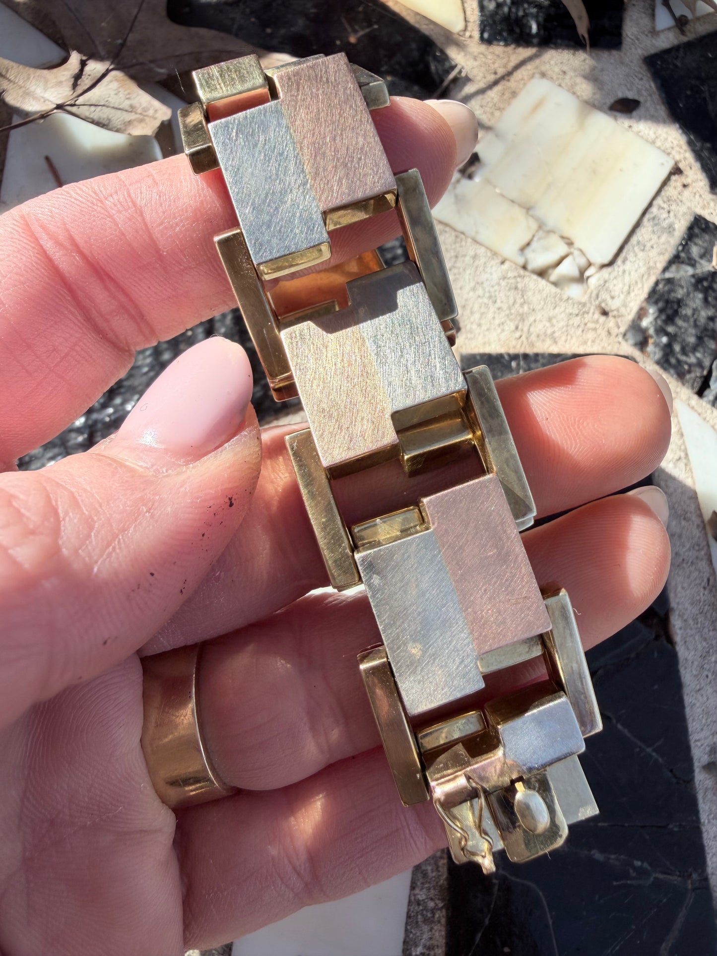 Vintage Three-Tone Gold Geometric Block Bracelet