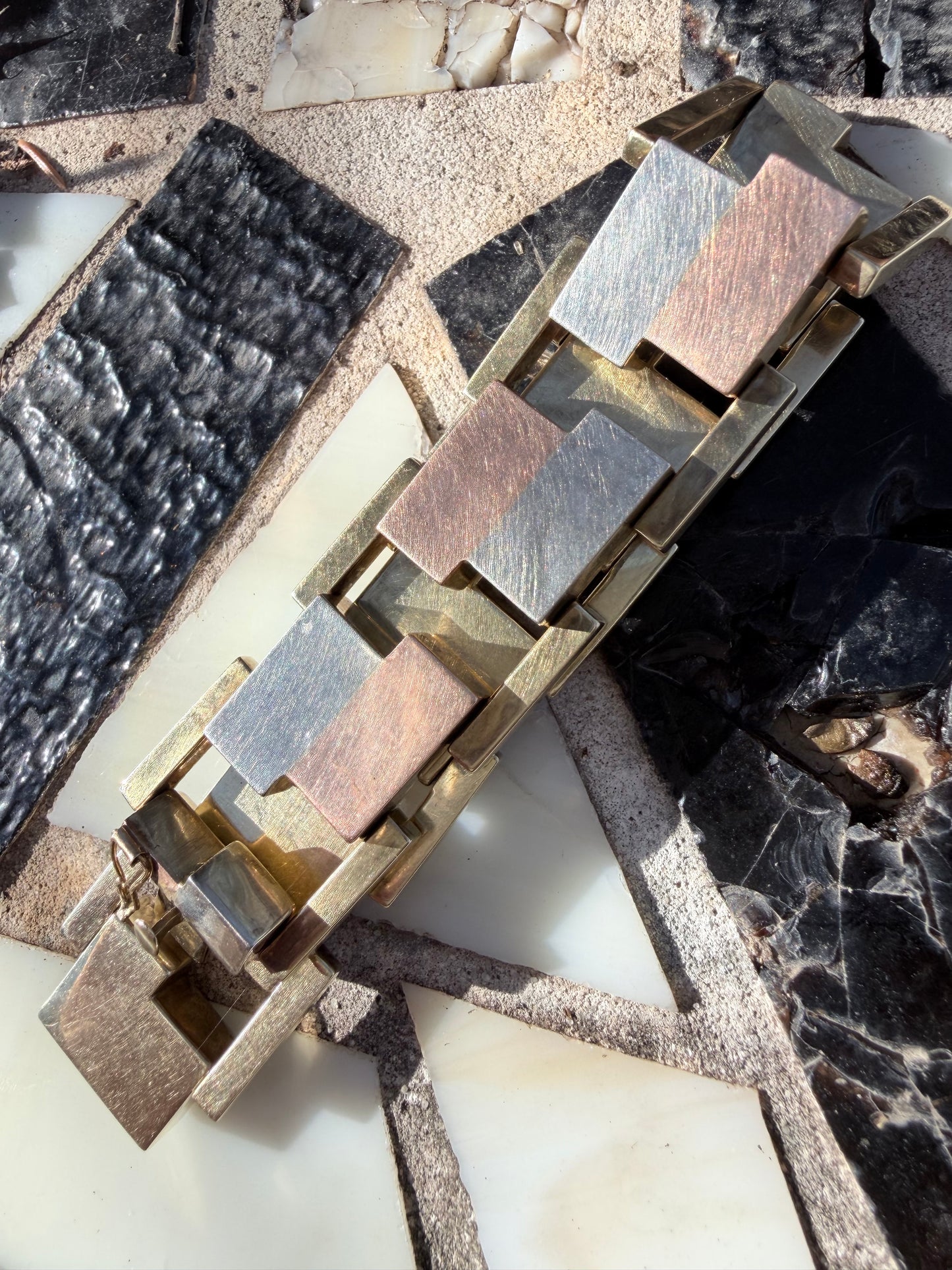 Vintage Three-Tone Gold Geometric Block Bracelet