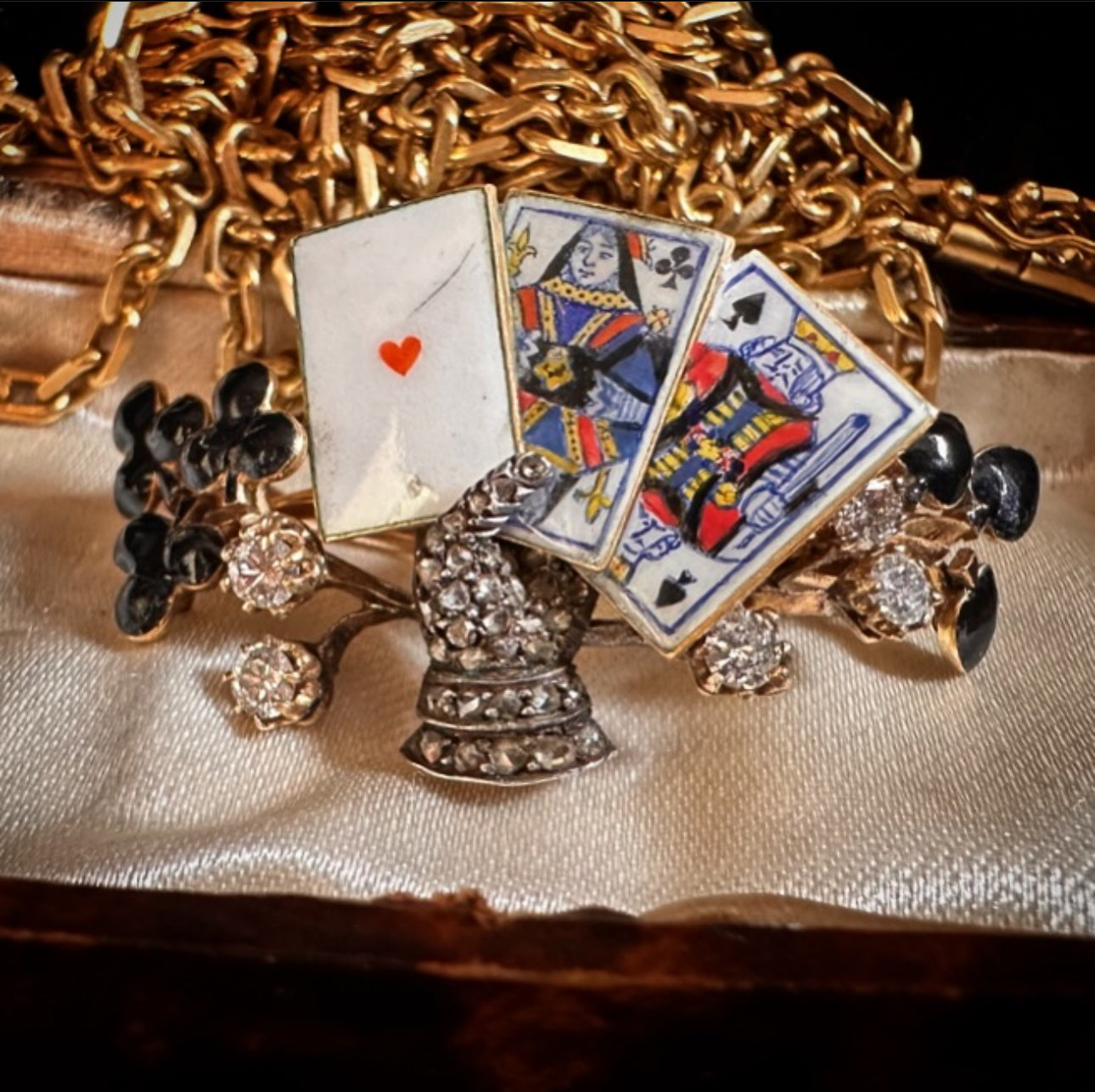 Antique Diamond and Enamel Playing Cards Brooch