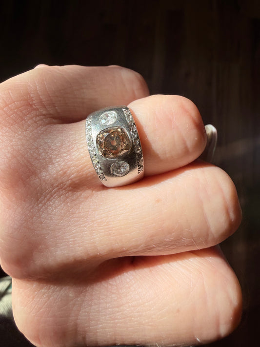 Art Deco Fancy Brown and White Diamond Flush Set Ring