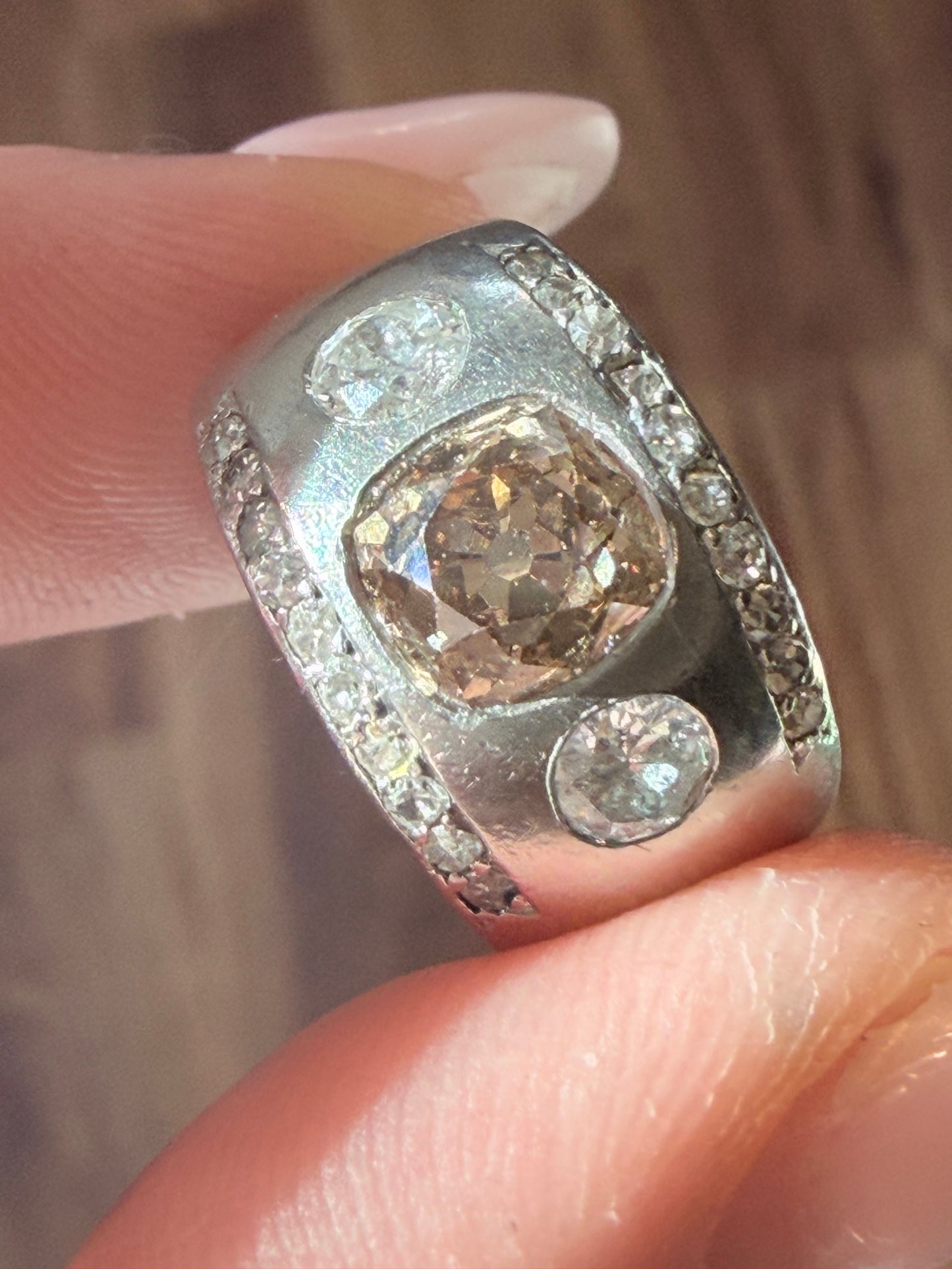 Art Deco Fancy Brown and White Diamond Flush Set Ring