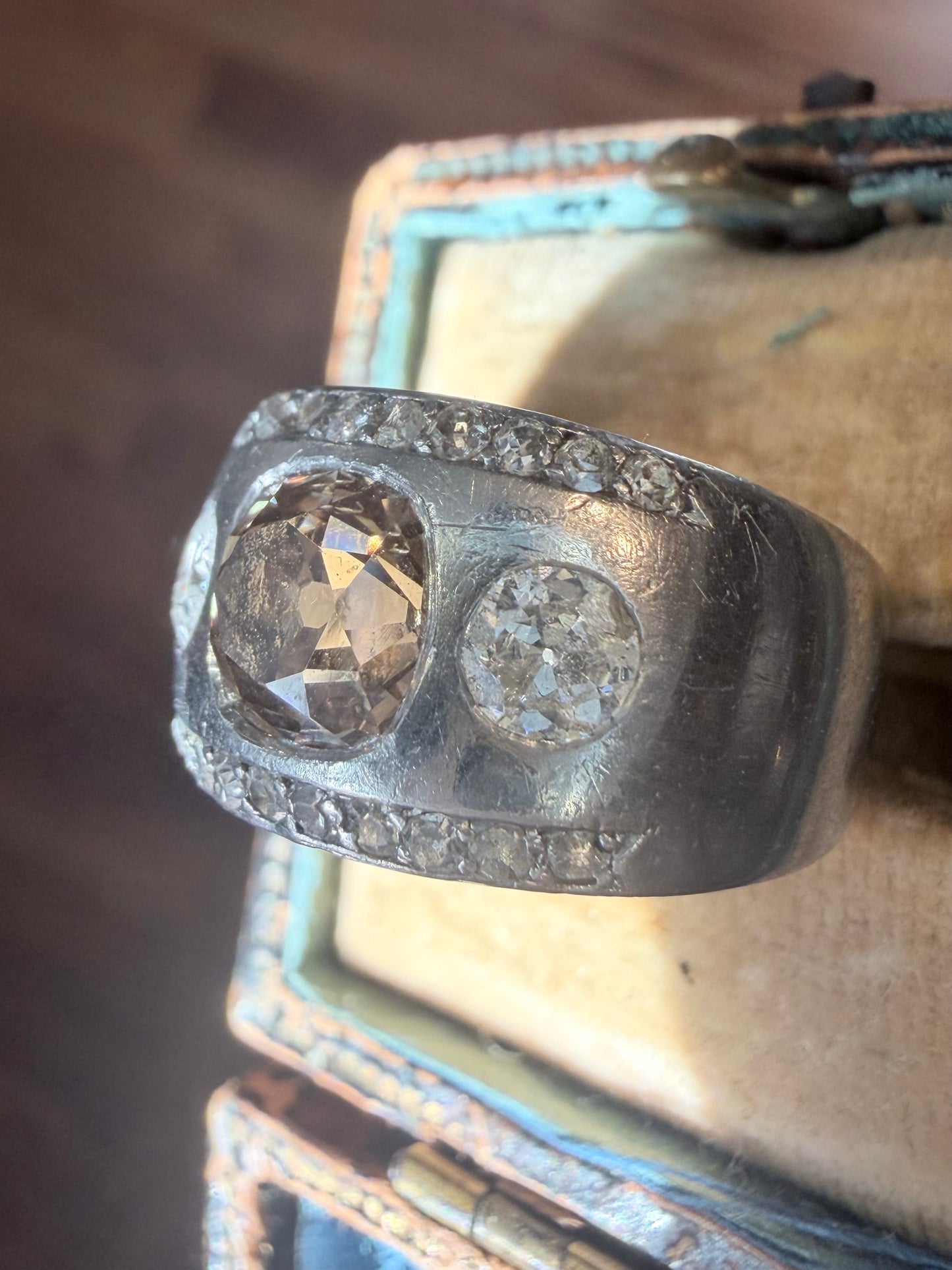 Art Deco Fancy Brown and White Diamond Flush Set Ring
