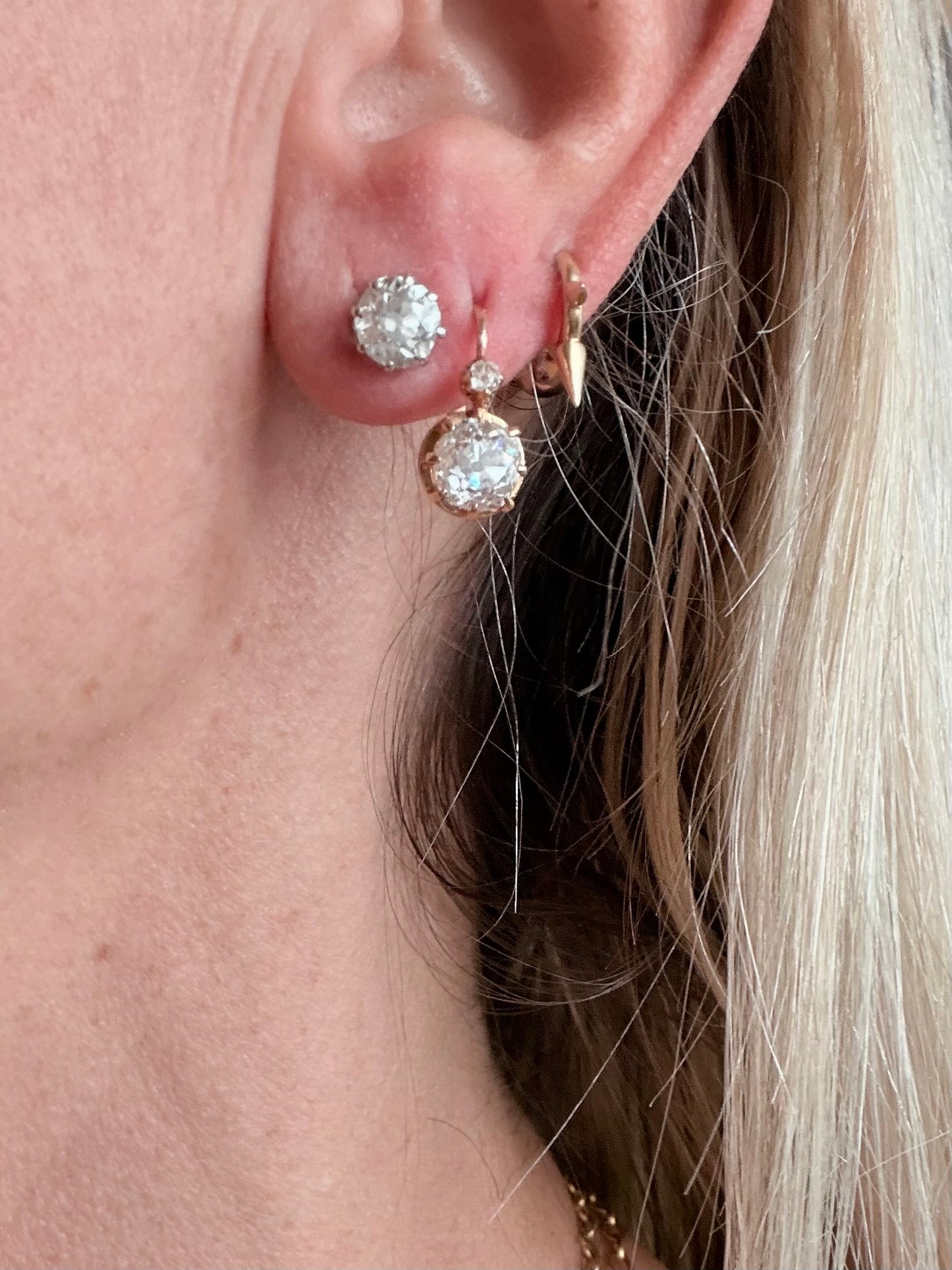 French Antique Dormeuse Old Mine Cut Diamond Earrings