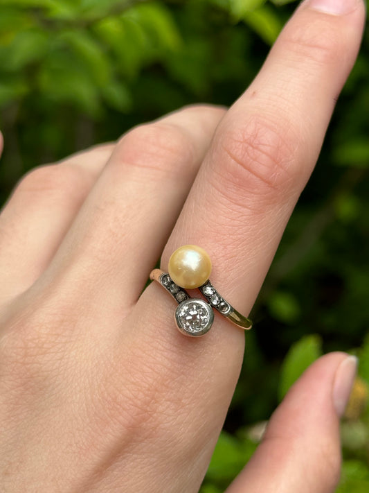 Victorian Toi et Moi Diamond and Pearl Bypass Ring