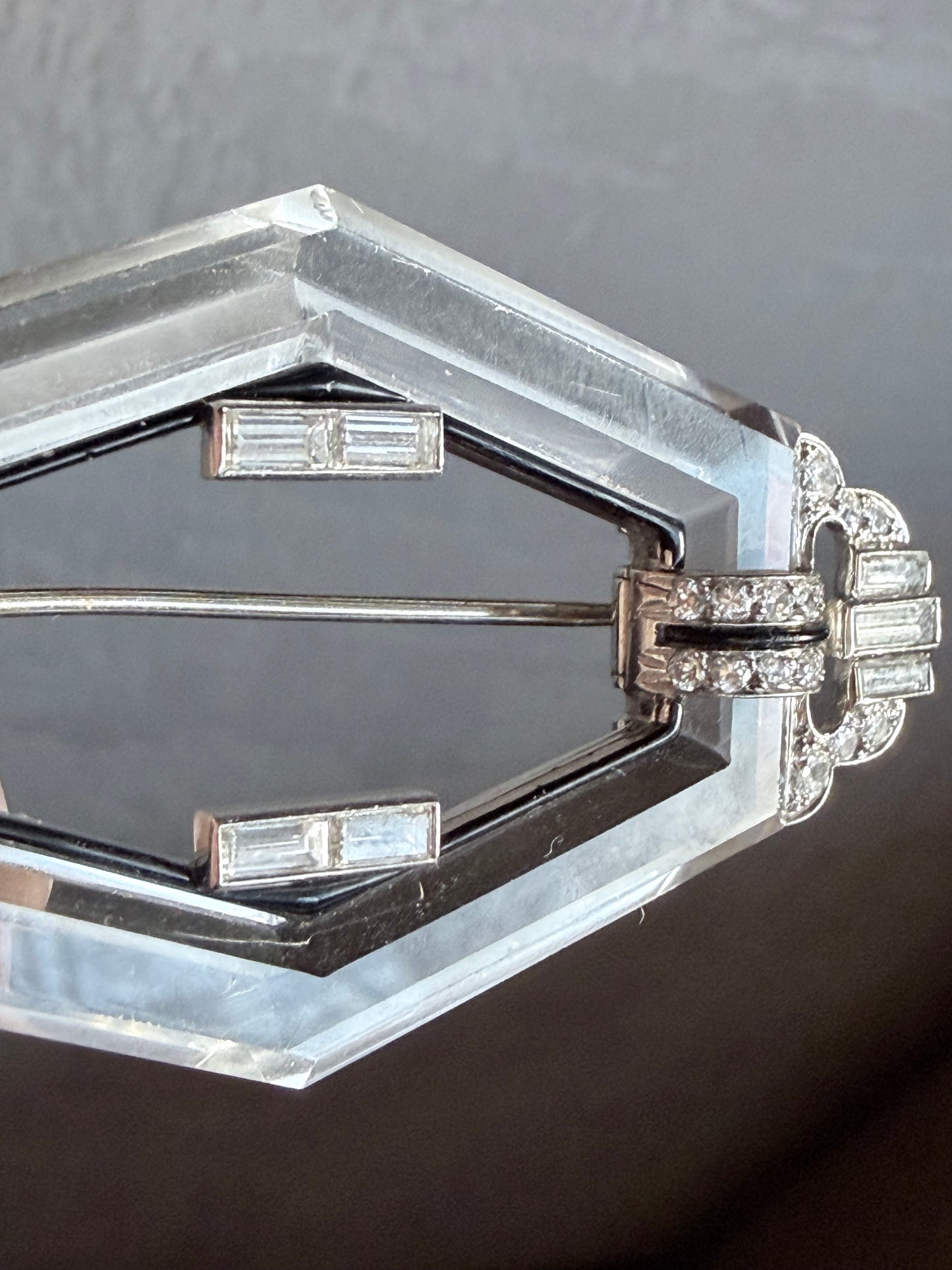Art Deco Rock Crystal, Diamond & Onyx Brooch