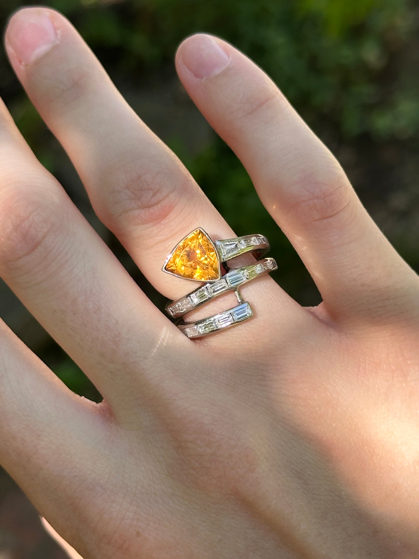 Estate 18k White Gold Baguette Diamond and Citrine Wrap Serpent Ring