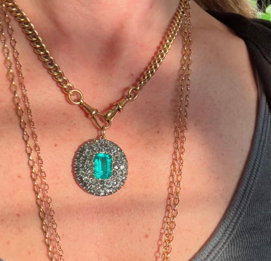 Georgian Emerald and Diamond Cluster Pendant