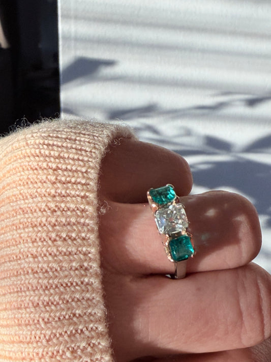 Antique Emerald and Diamond Three Stone Ring
