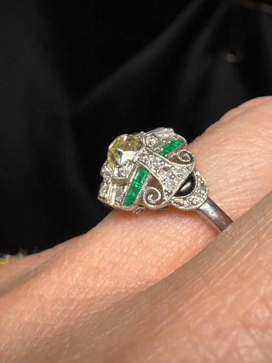 Art Deco Platinum, Diamond and Emerald Ring