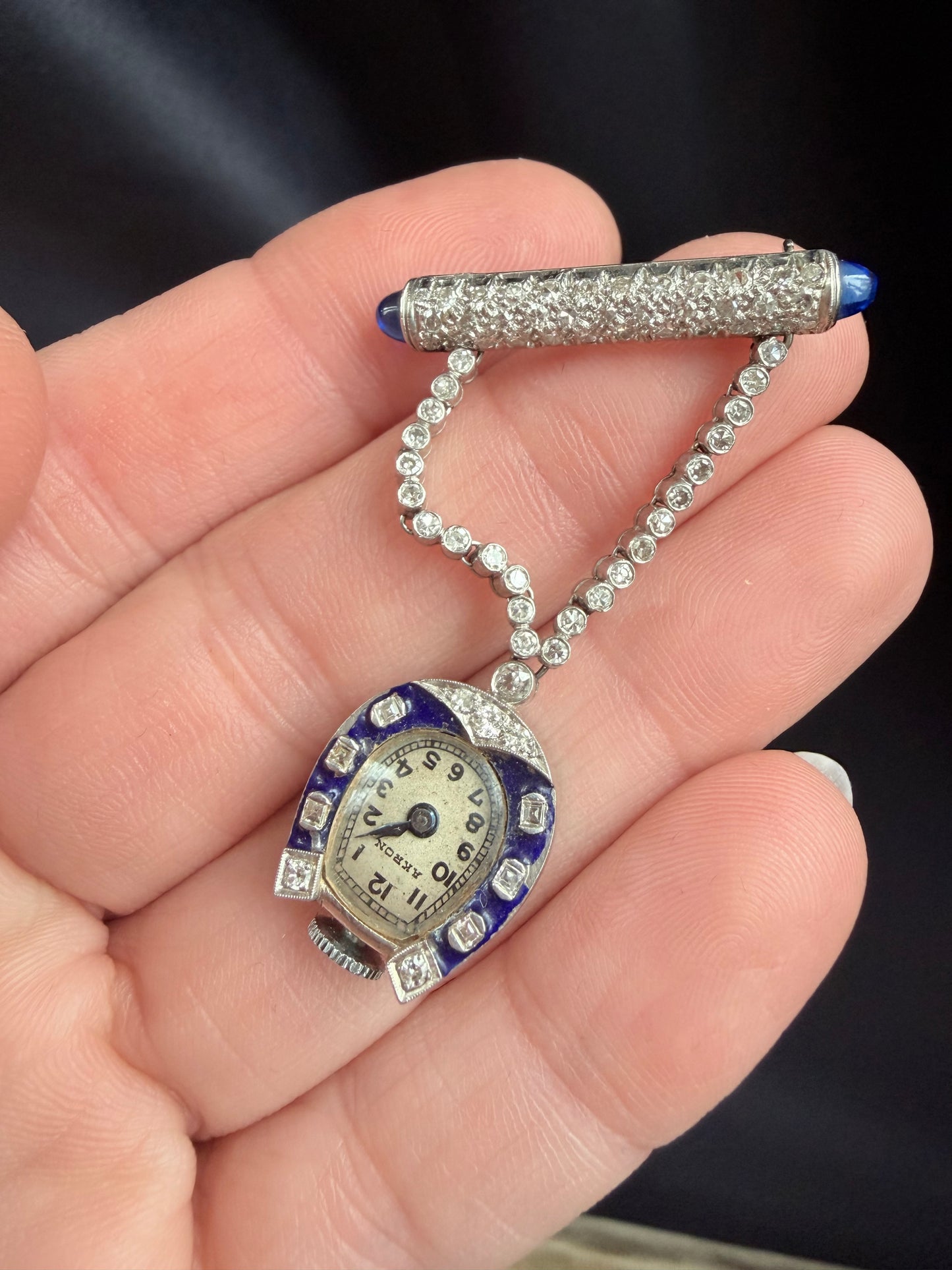 Art Deco Akron Diamond and Enamel Horseshoe Watch and Brooch