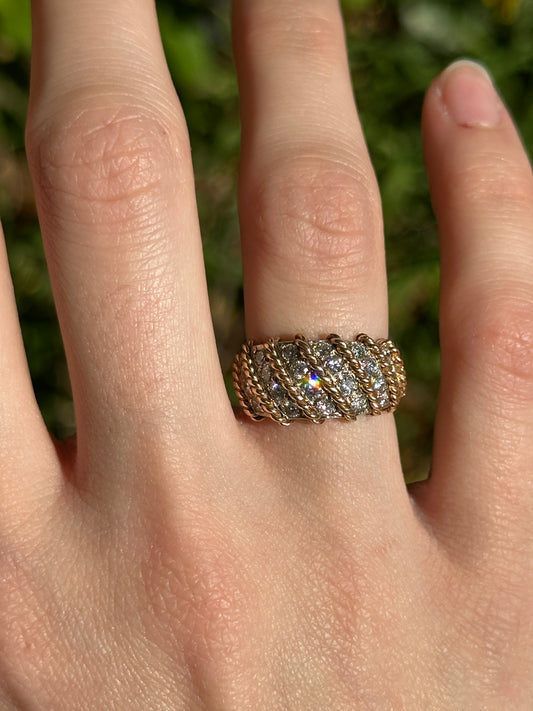 Mid Century 14k Yellow Gold Rope Wrap Diamond Ring