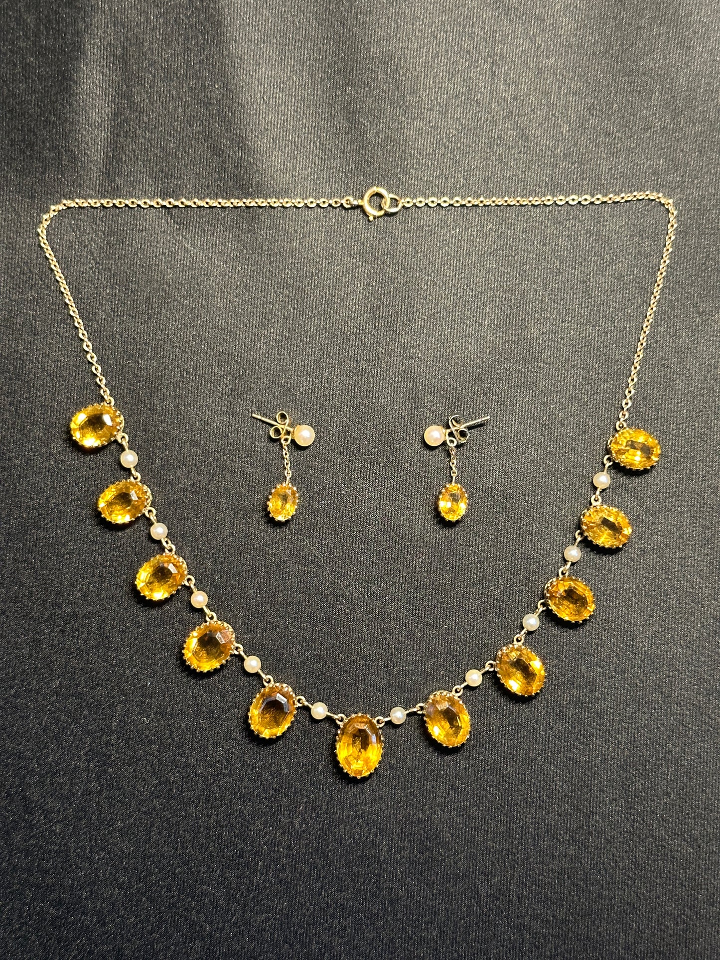 UK Estate Citrine, Pearl, and 9ct Yellow Gold Necklace and Earring Set