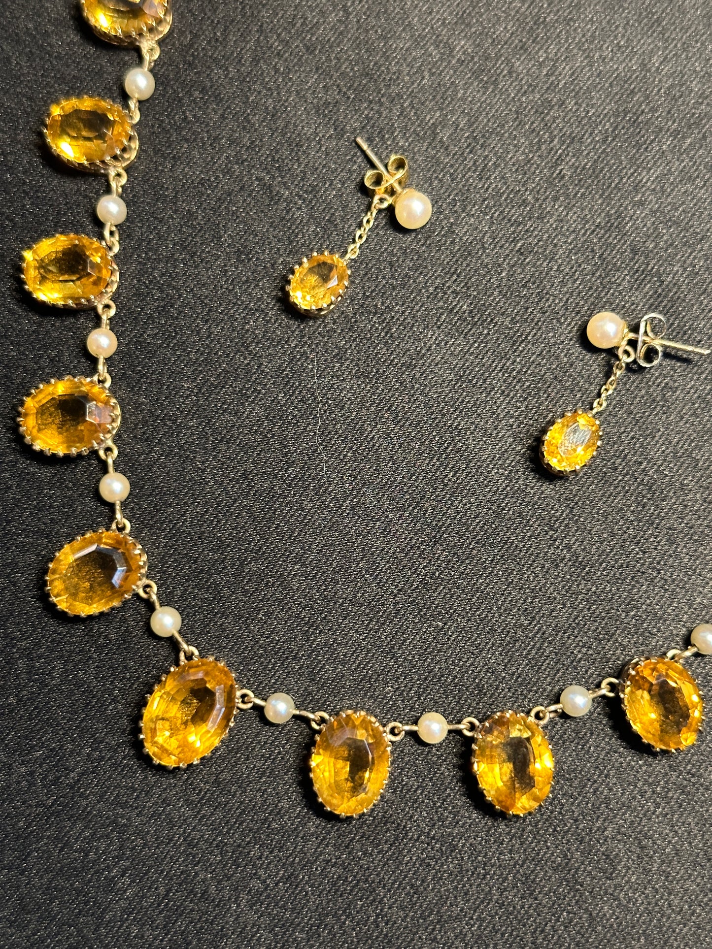 UK Estate Citrine, Pearl, and 9ct Yellow Gold Necklace and Earring Set