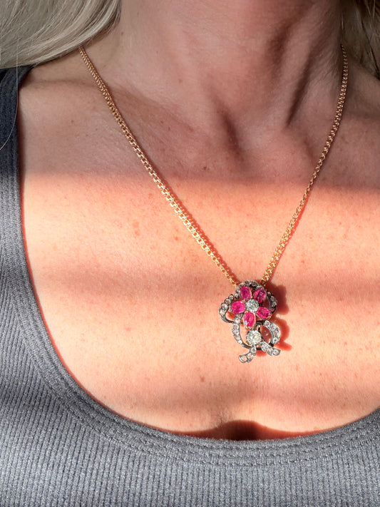 Victorian Burma Ruby and Diamond Floral Brooch