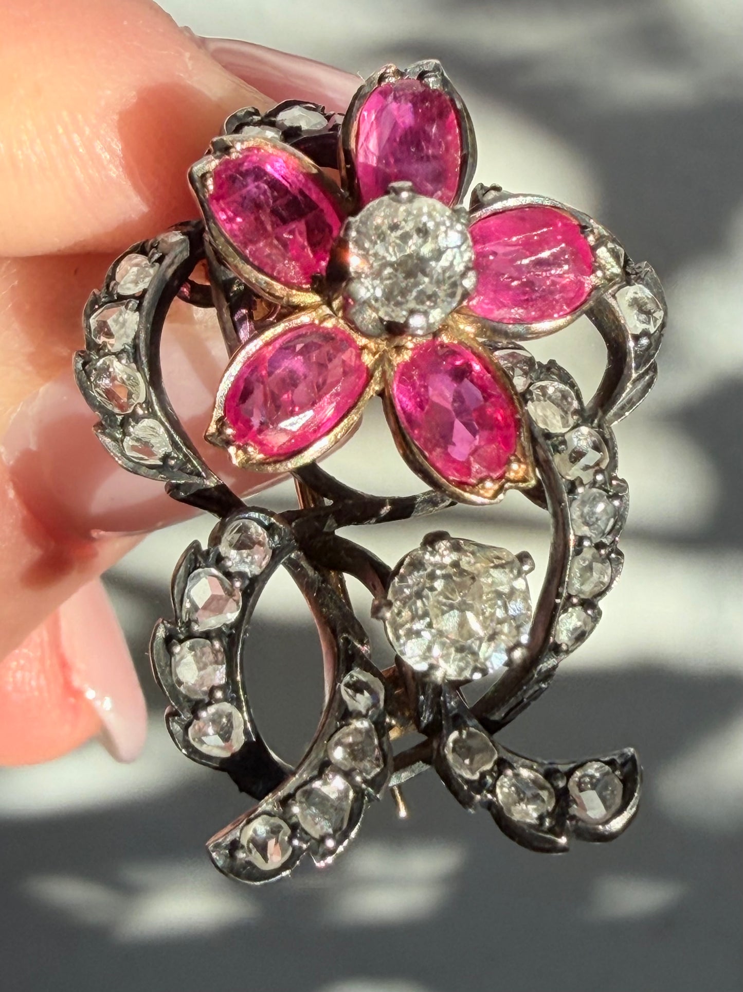 Victorian Burma Ruby and Diamond Floral Brooch