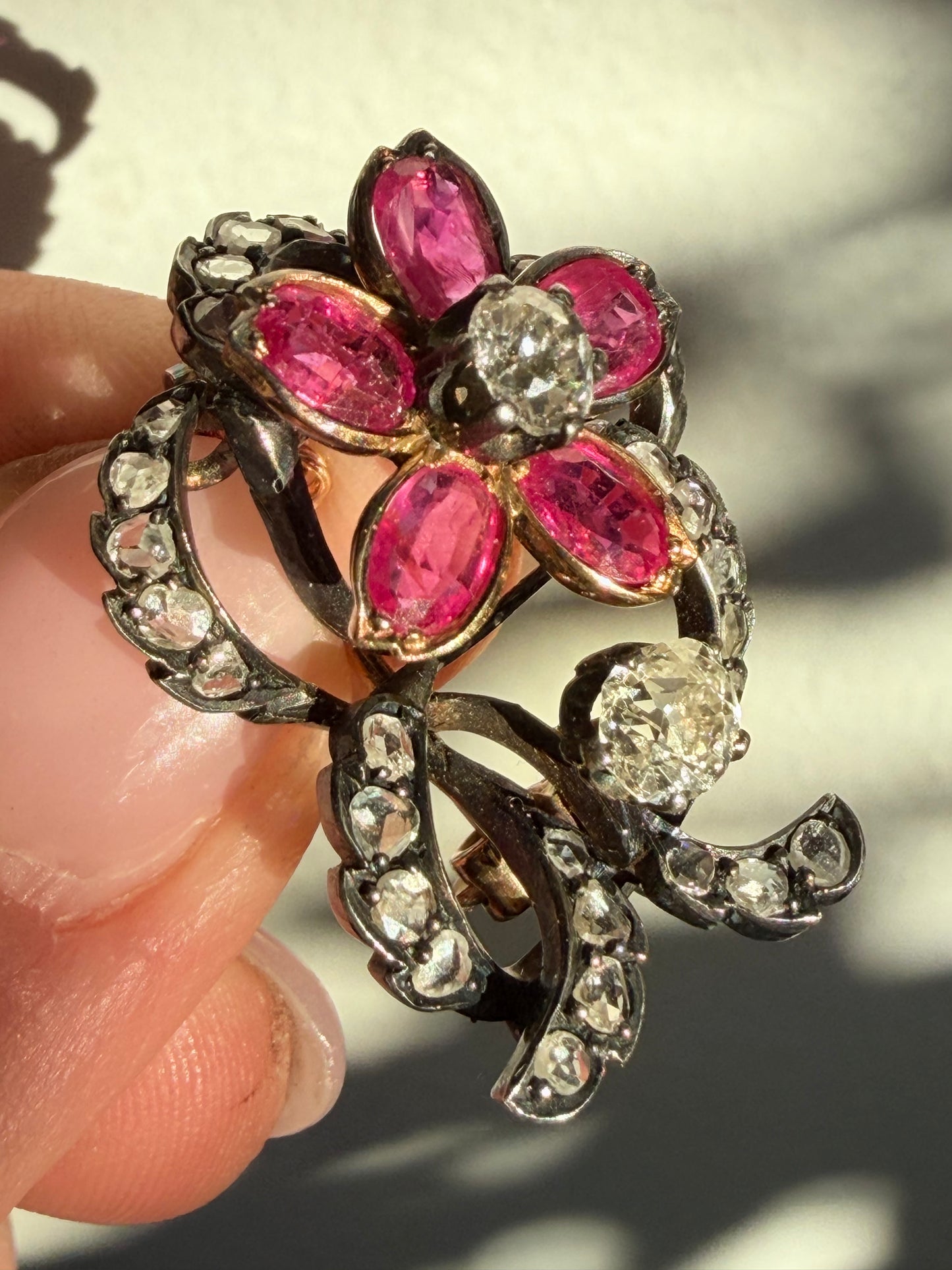 Victorian Burma Ruby and Diamond Floral Brooch