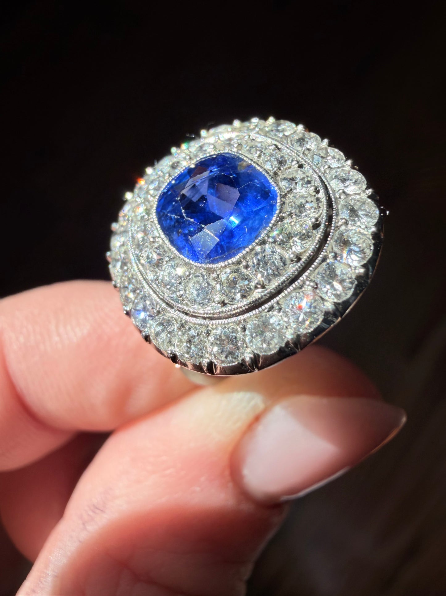 Art Deco 2.20 Carat Burmese Sapphire and Diamond Double Halo Ring