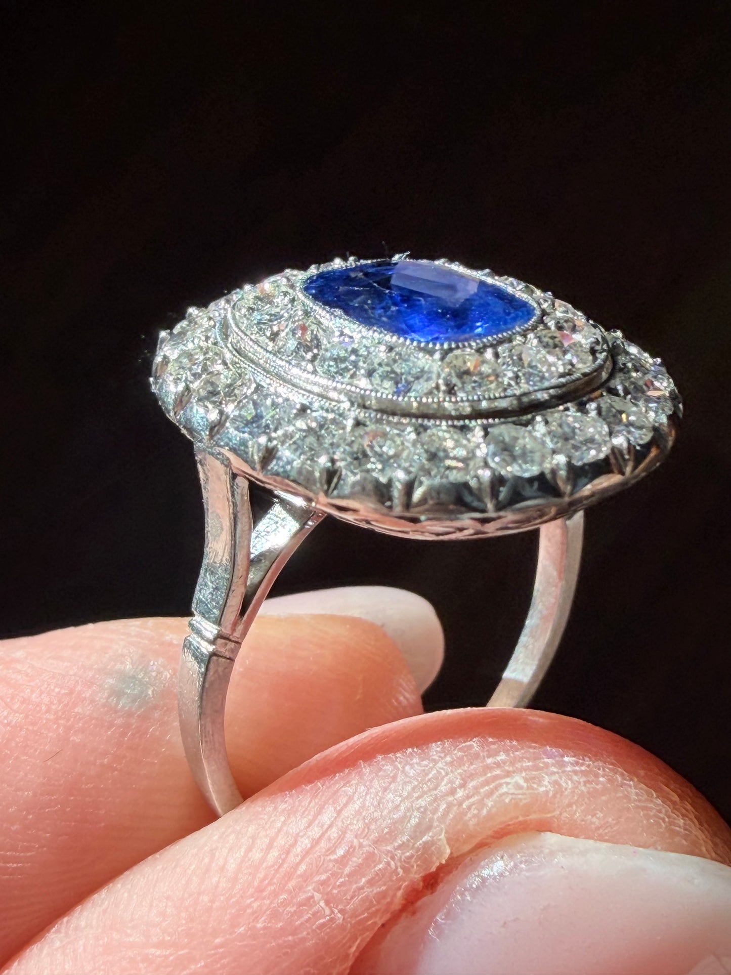 Art Deco 2.20 Carat Burmese Sapphire and Diamond Double Halo Ring