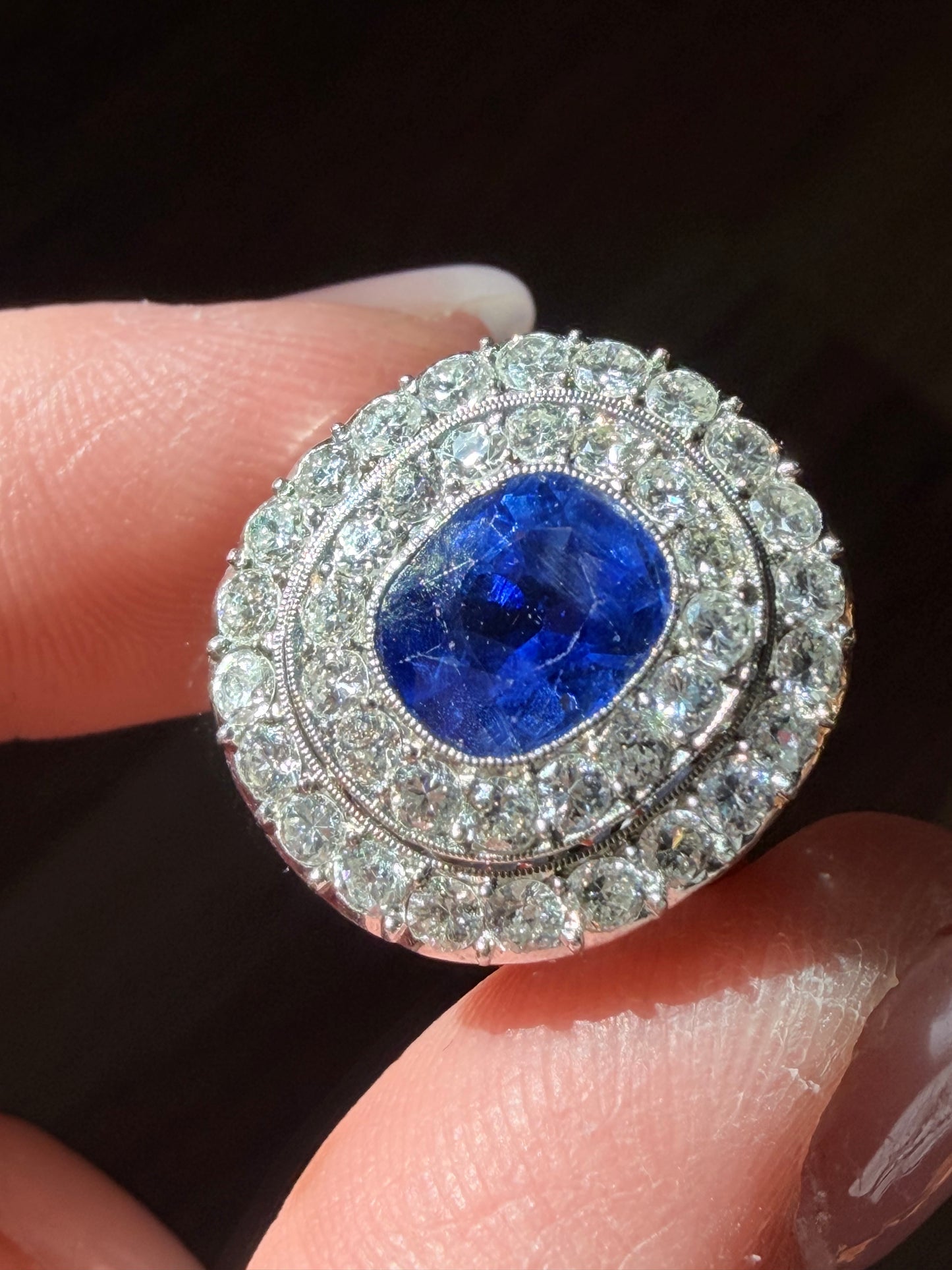 Art Deco 2.20 Carat Burmese Sapphire and Diamond Double Halo Ring