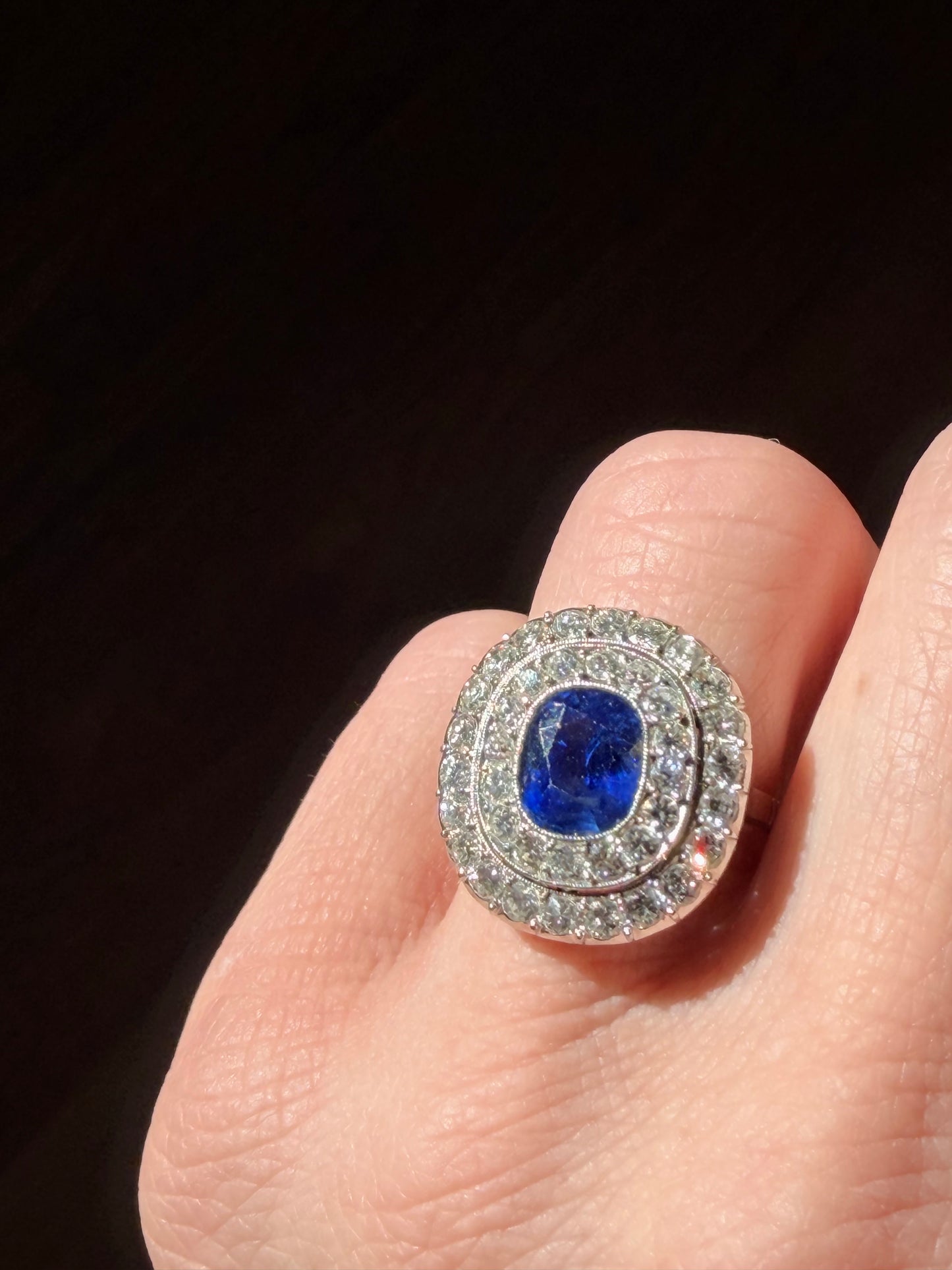 Art Deco 2.20 Carat Burmese Sapphire and Diamond Double Halo Ring