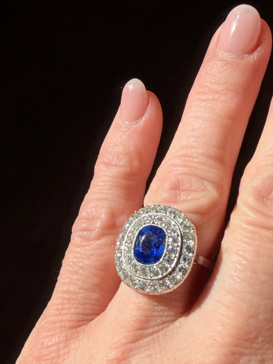 Art Deco 2.20 Carat Burmese Sapphire and Diamond Double Halo Ring