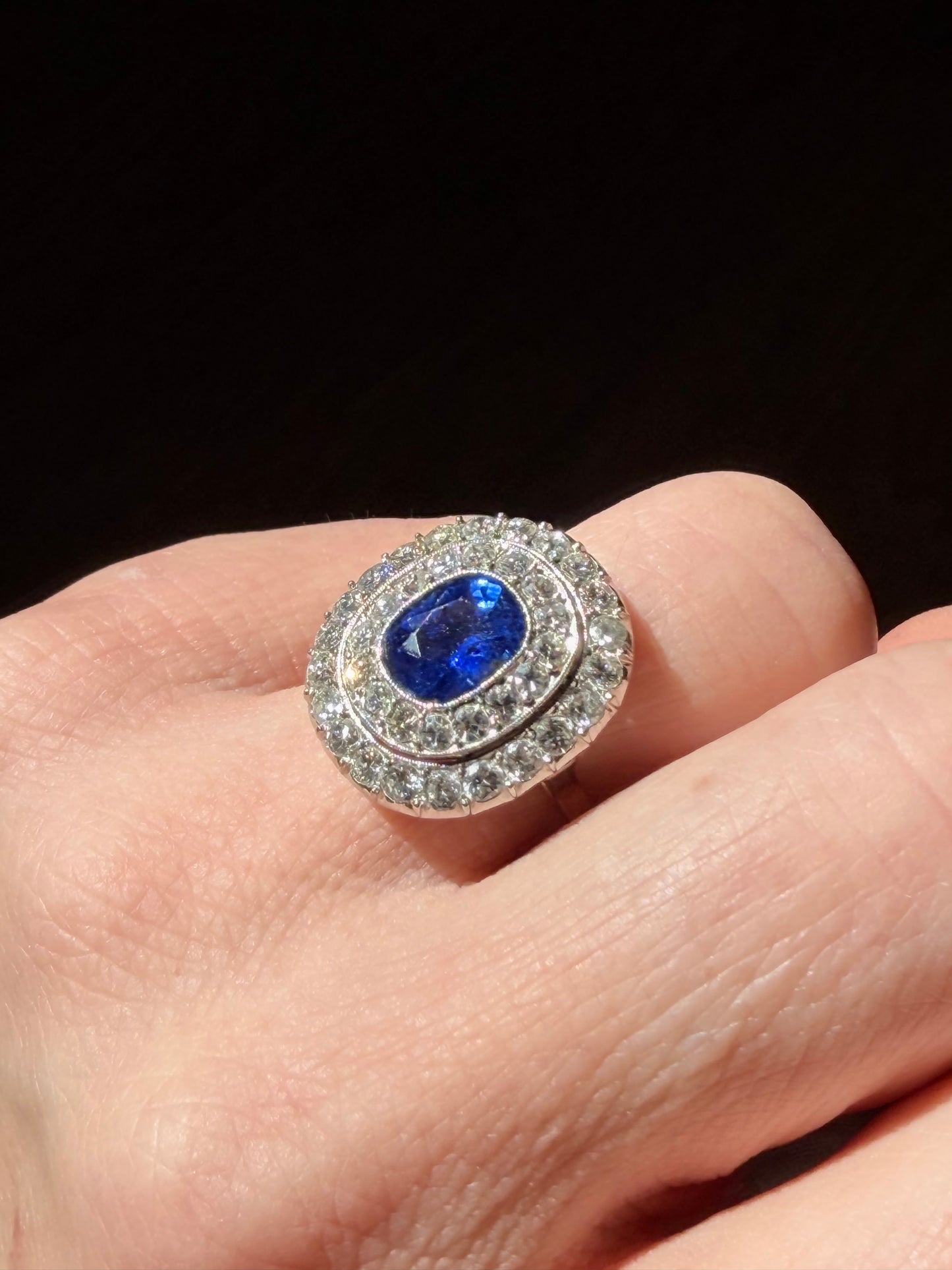 Art Deco 2.20 Carat Burmese Sapphire and Diamond Double Halo Ring