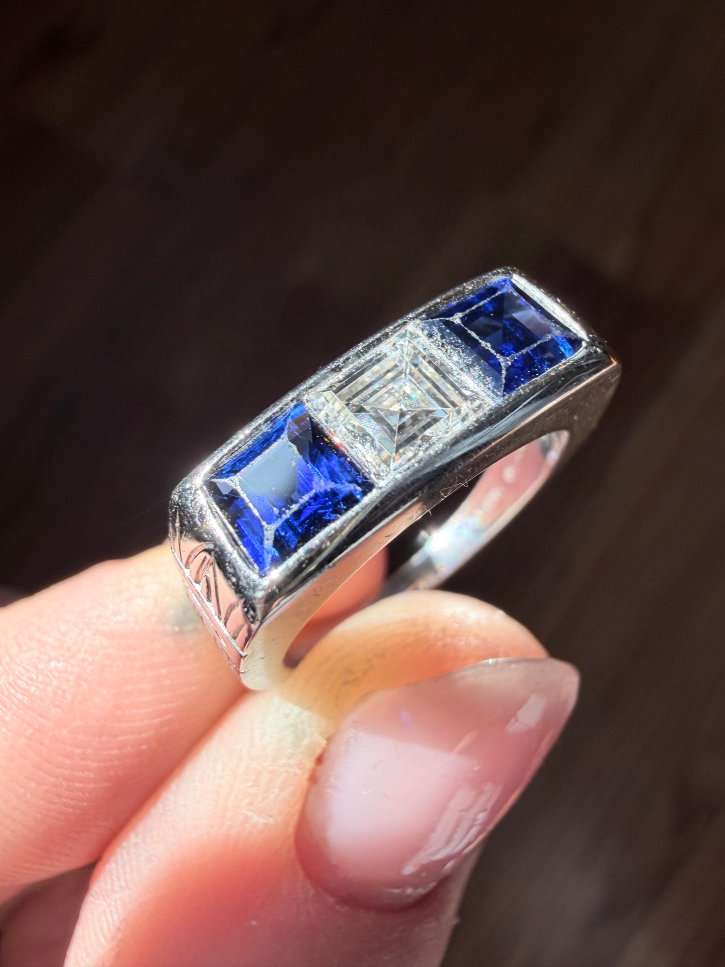 1950s Cartier Sapphire and Diamond Three Stone Ring