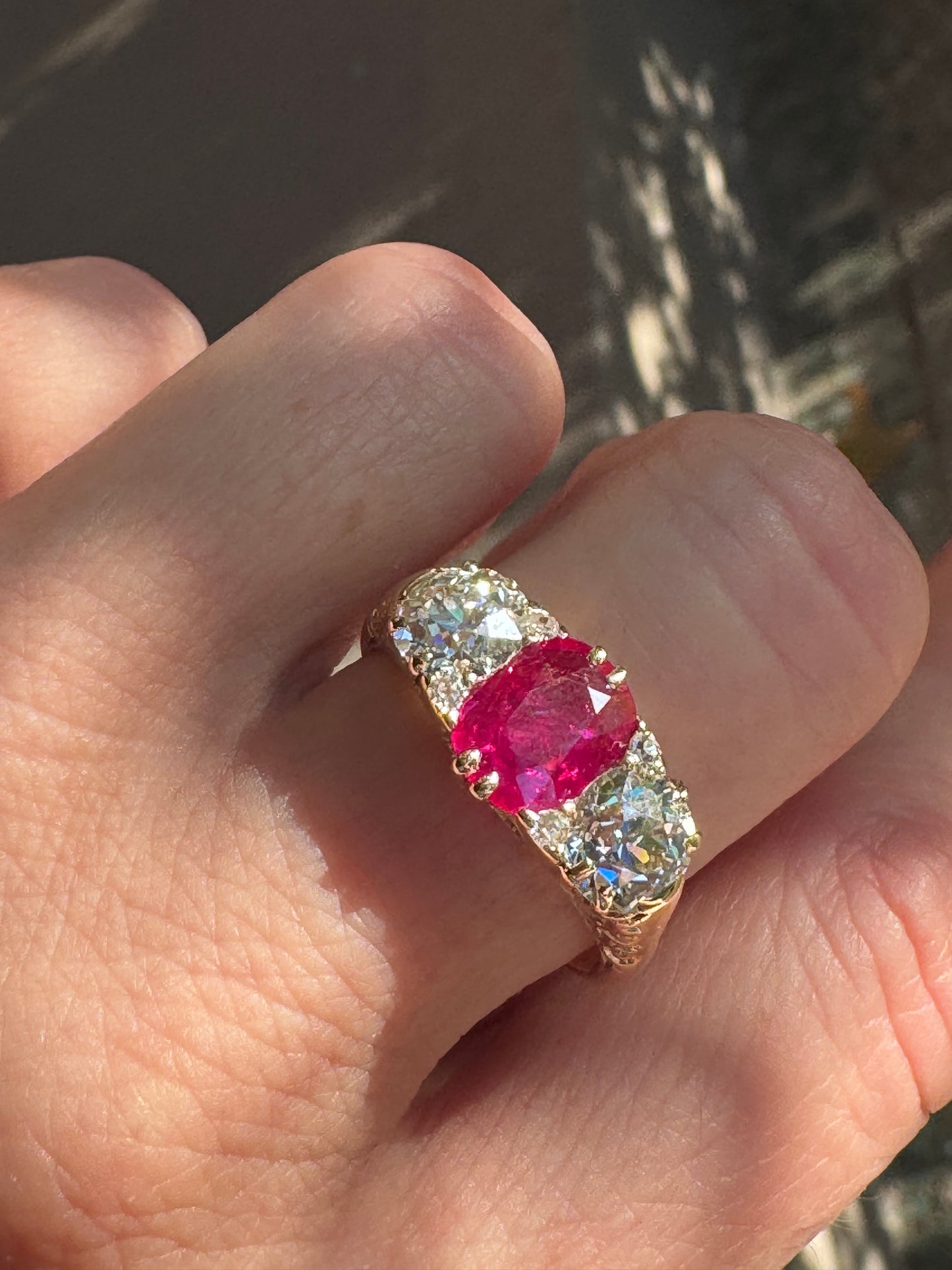Victorian Burmese Ruby and Diamond Three Stone Ring