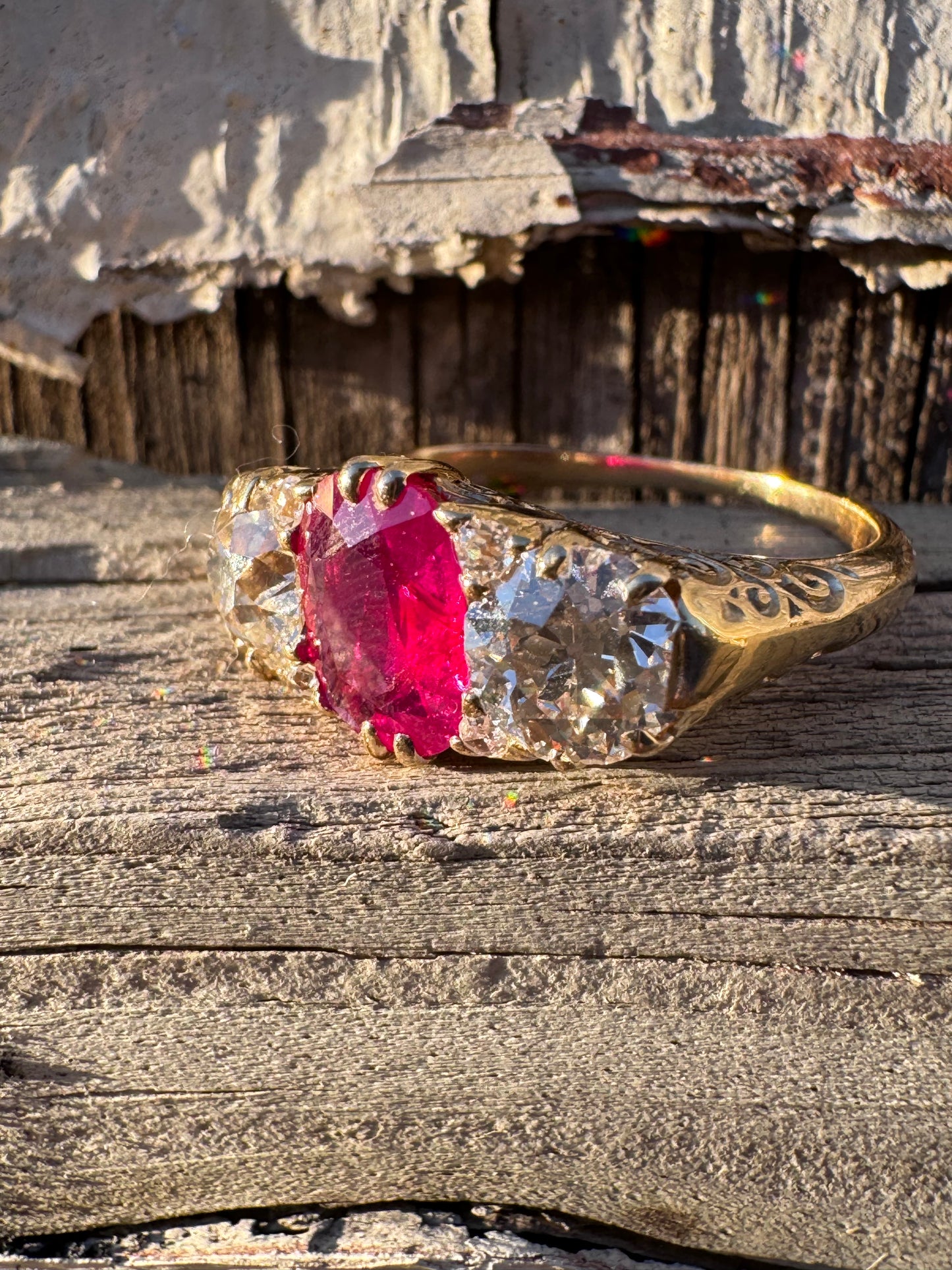Victorian Burmese Ruby and Diamond Three Stone Ring