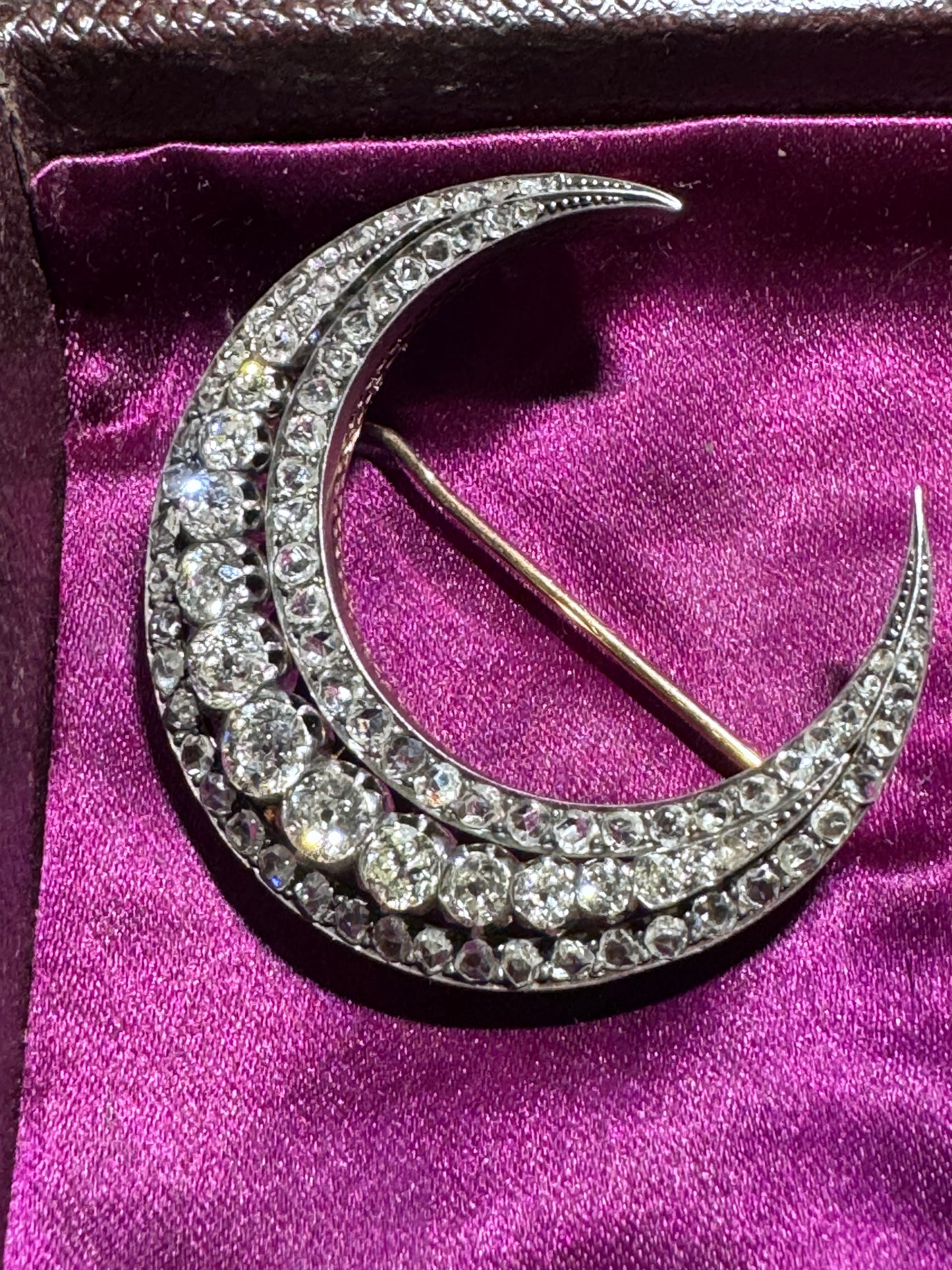 Victorian Old Cut Diamond Crescent Moon Brooch