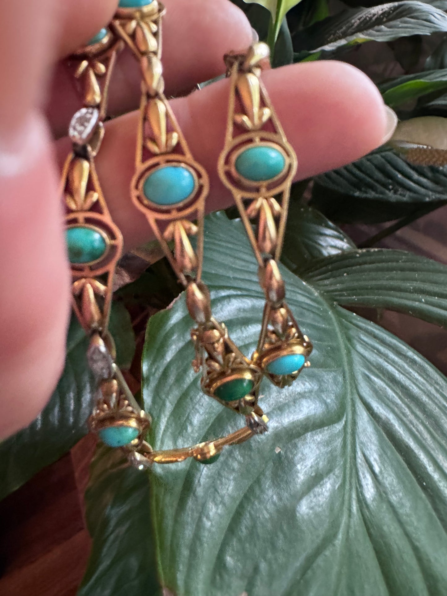 Antique French Art Nouveau Rose-Cut Diamond and Turquoise Necklace & Bracelet Set