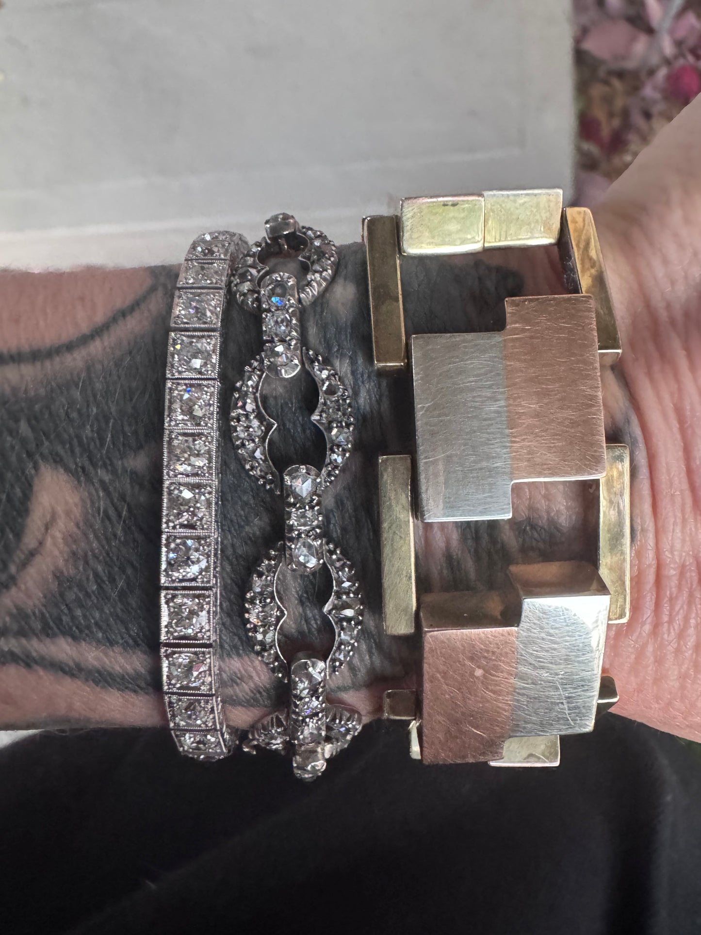 Vintage Three-Tone Gold Geometric Block Bracelet