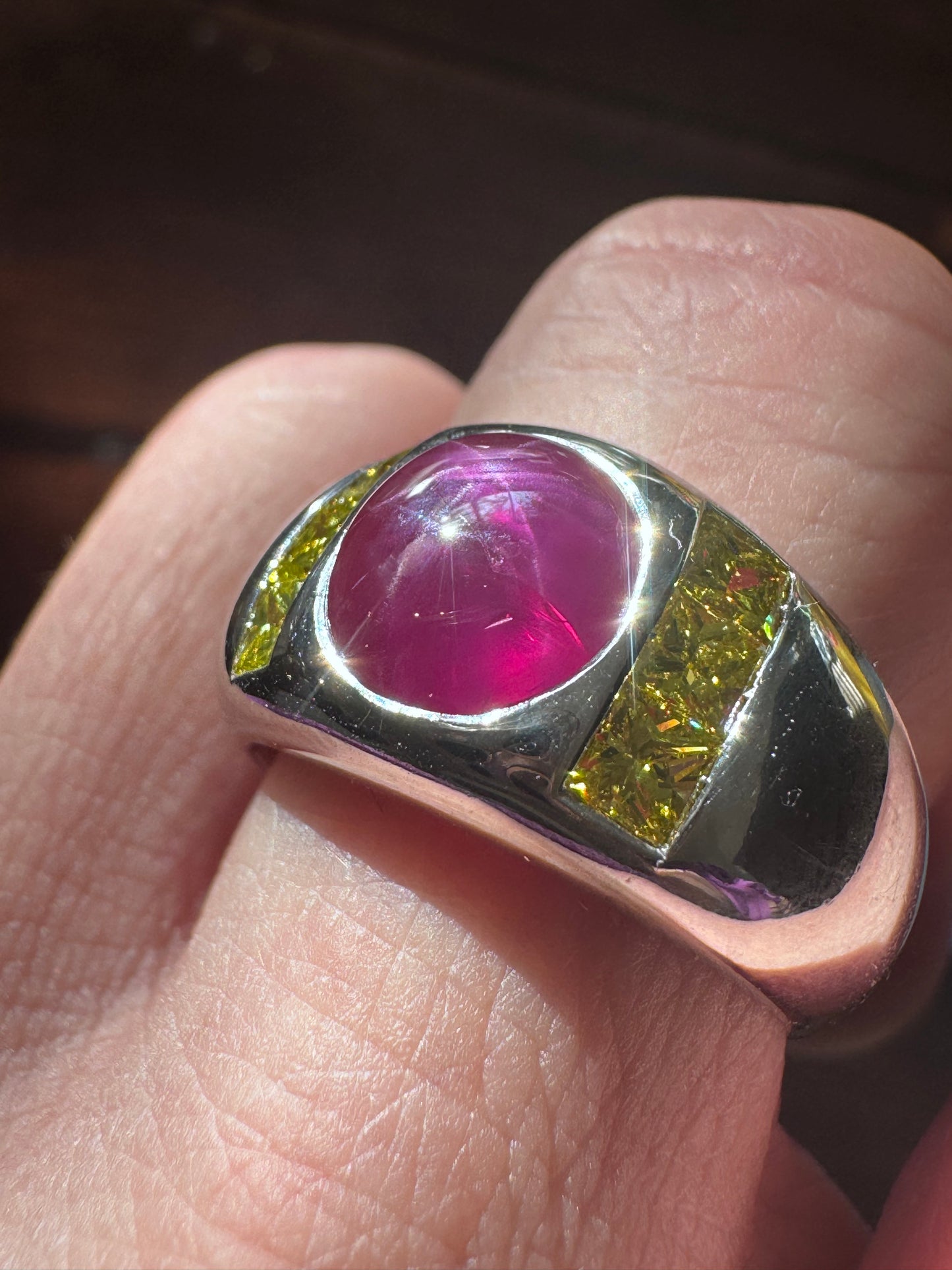 Vintage Flush Set Burmese Star Ruby Yellow Diamond Ring