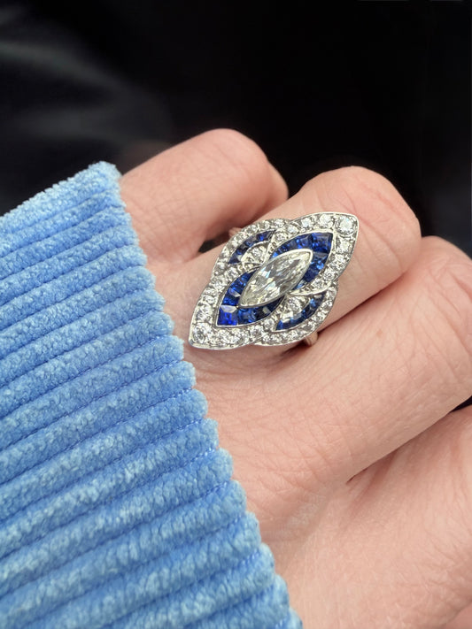 Art Deco Sapphire and Diamond Navette Ring