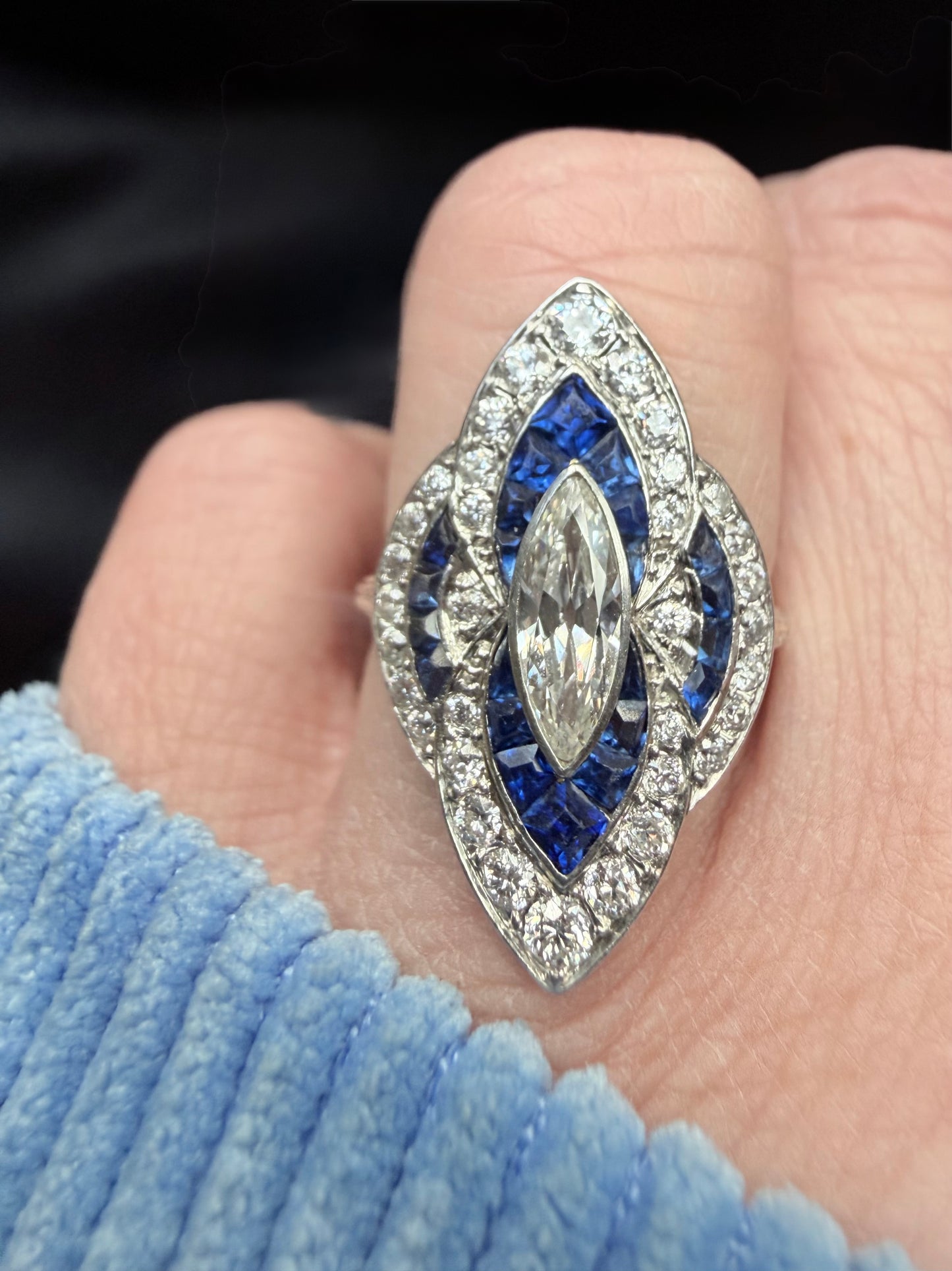 Art Deco Sapphire and Diamond Navette Ring