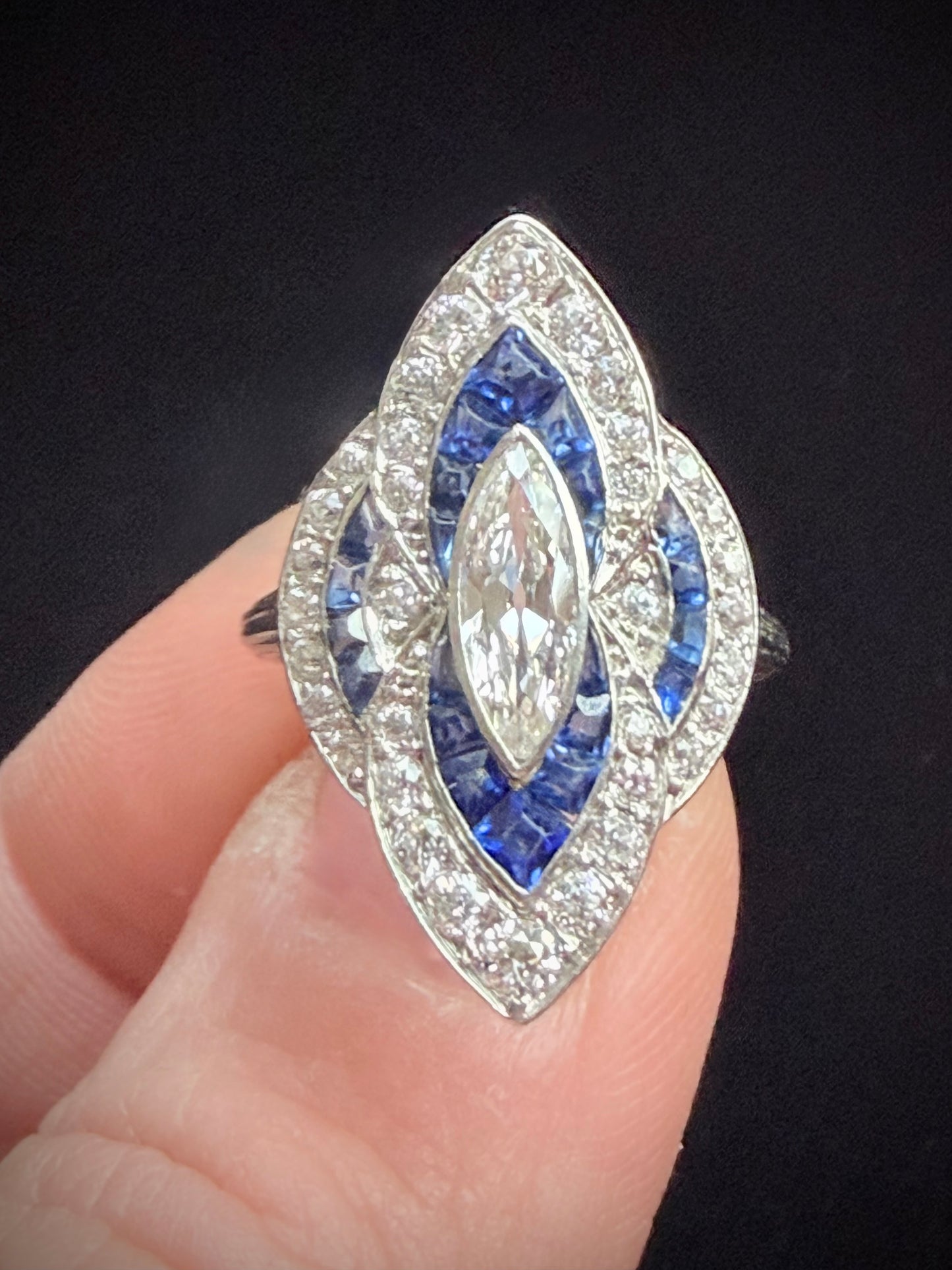 Art Deco Sapphire and Diamond Navette Ring